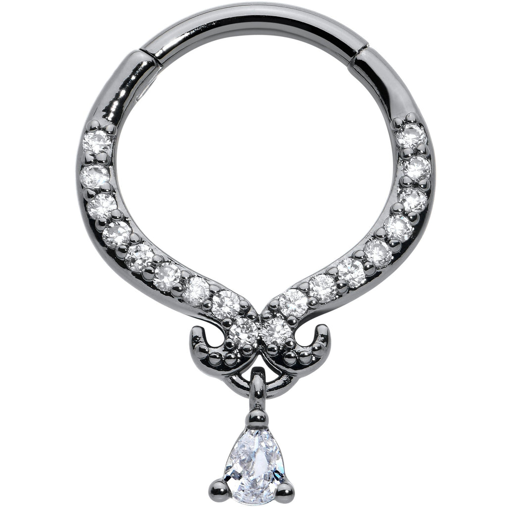 16G 3/8 Clear CZ Gem Black Elegant Curves Hinged Segment Ring