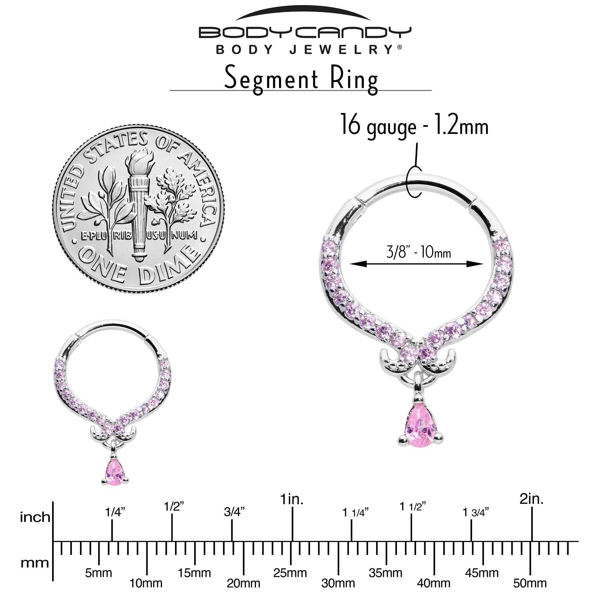 16G 3/8 Pink CZ Gem Elegant Curves Dangle Hinged Segment Ring