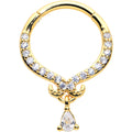 16G 3/8 Clear CZ Gem Gold Hue Elegant Curves Dangle Hinged Segment Ring