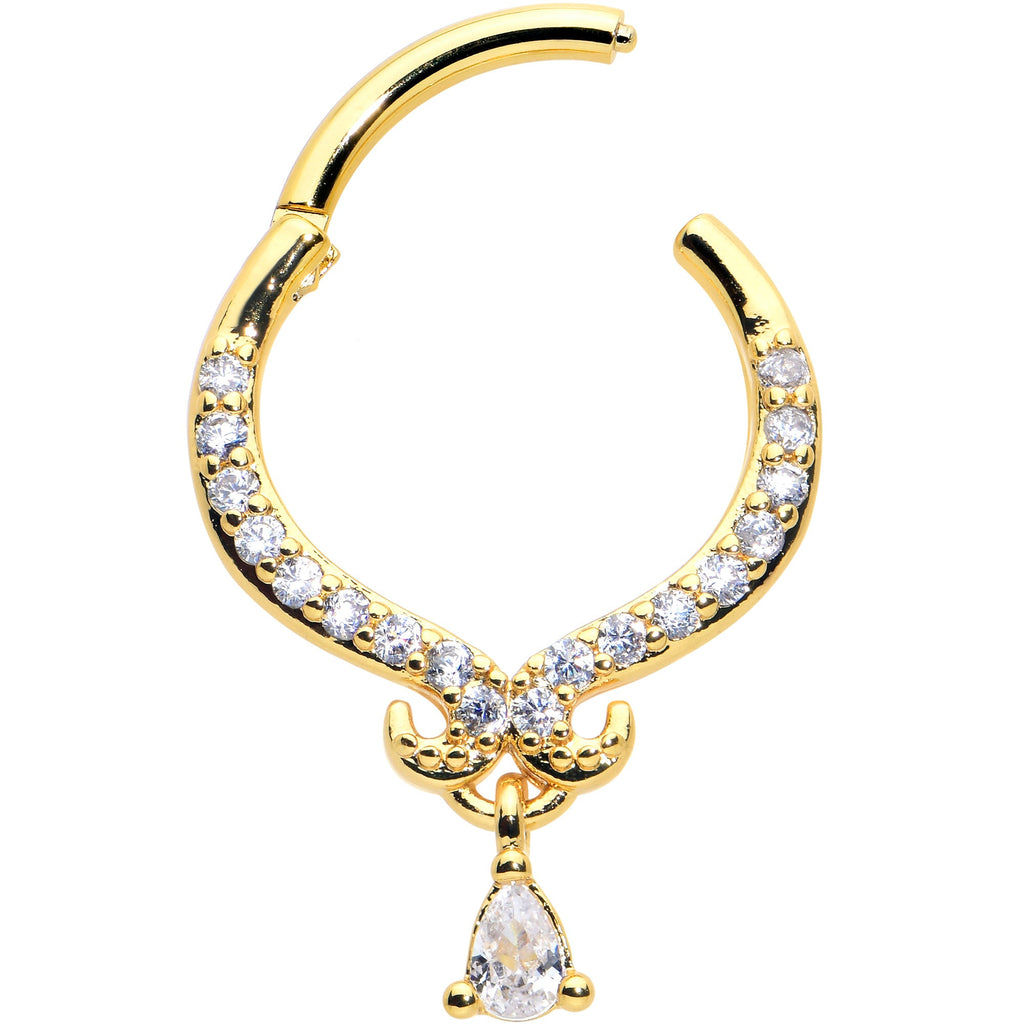 16G 3/8 Clear CZ Gem Gold Hue Elegant Curves Dangle Hinged Segment Ring