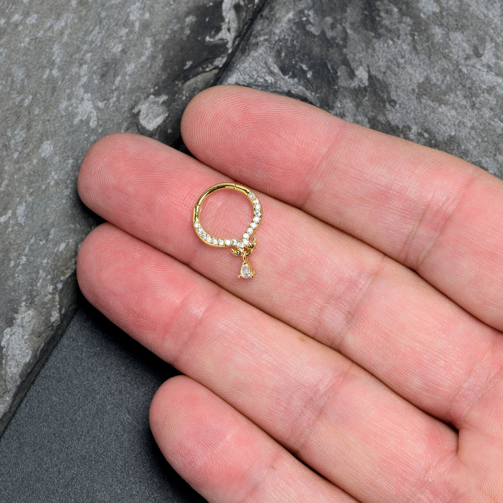 16G 3/8 Clear CZ Gem Gold Hue Elegant Curves Dangle Hinged Segment Ring