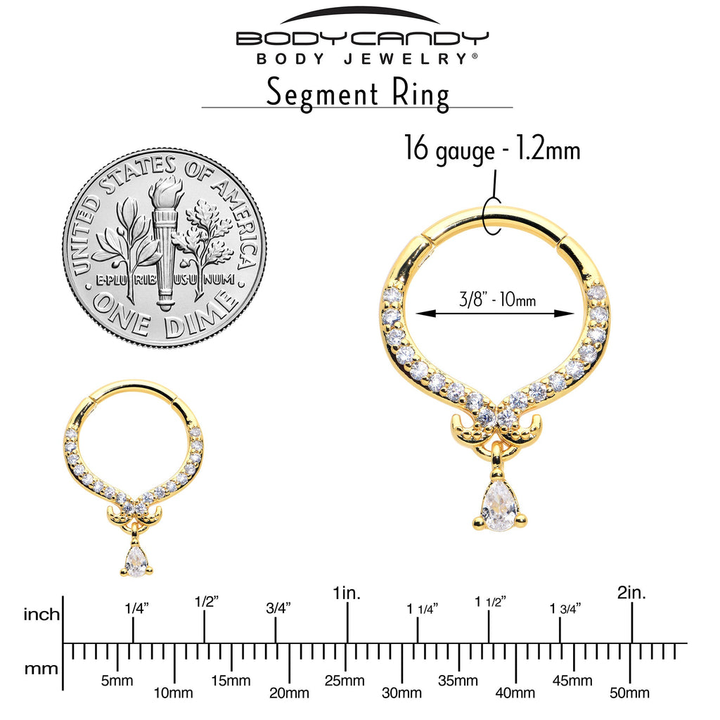 16G 3/8 Clear CZ Gem Gold Hue Elegant Curves Dangle Hinged Segment Ring