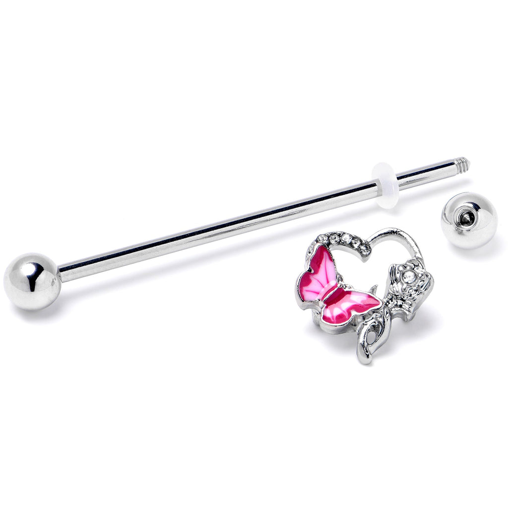 14G Clear Gem Butterfly Rose Flower Pink Industrial Barbell 38mm