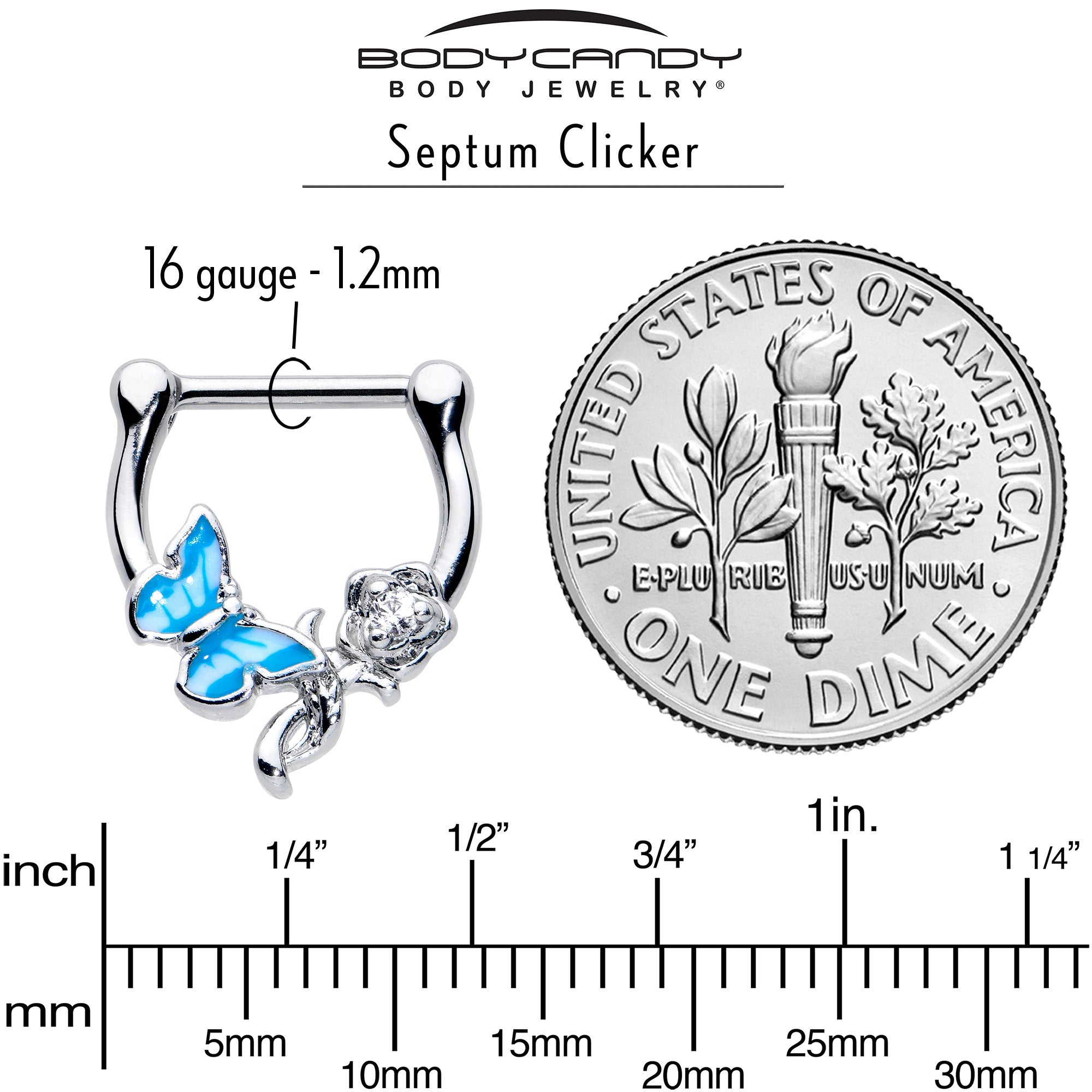 16G 5/6 Clear Gem Butterfly Rose Flower Blue Cartilage Clicker