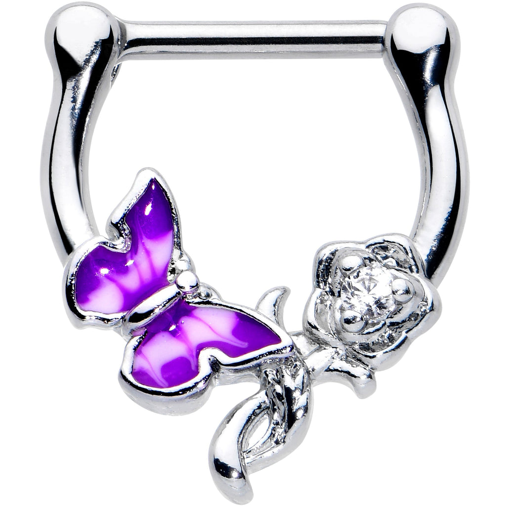 16G 5/6 Clear Gem Butterfly Rose Flower Purple Cartilage Clicker