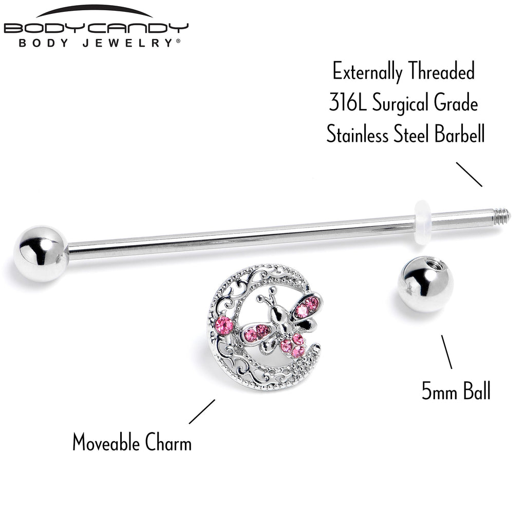 14G Pink Gem Lunar Dragonfly Industrial Barbell 38mm