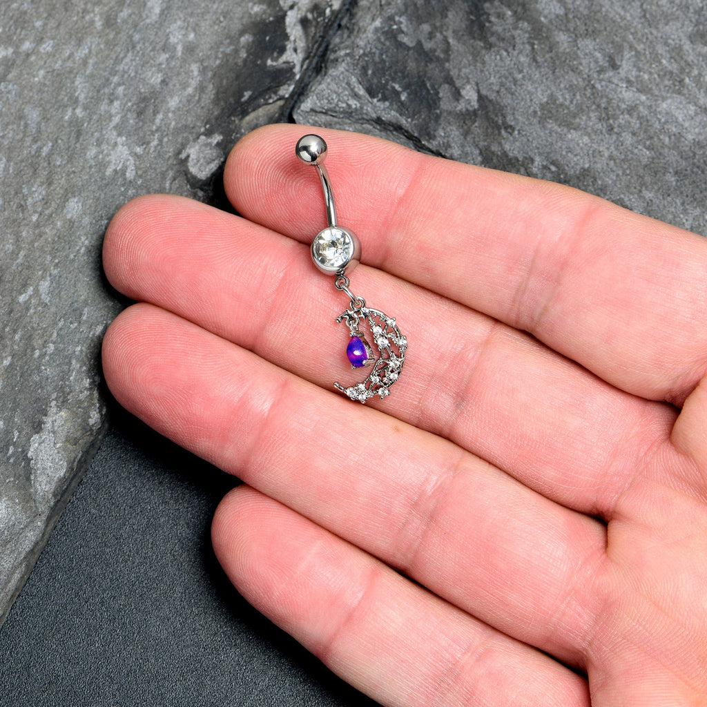 Purple Clear Gem Constellation Moon Dangle Belly Ring