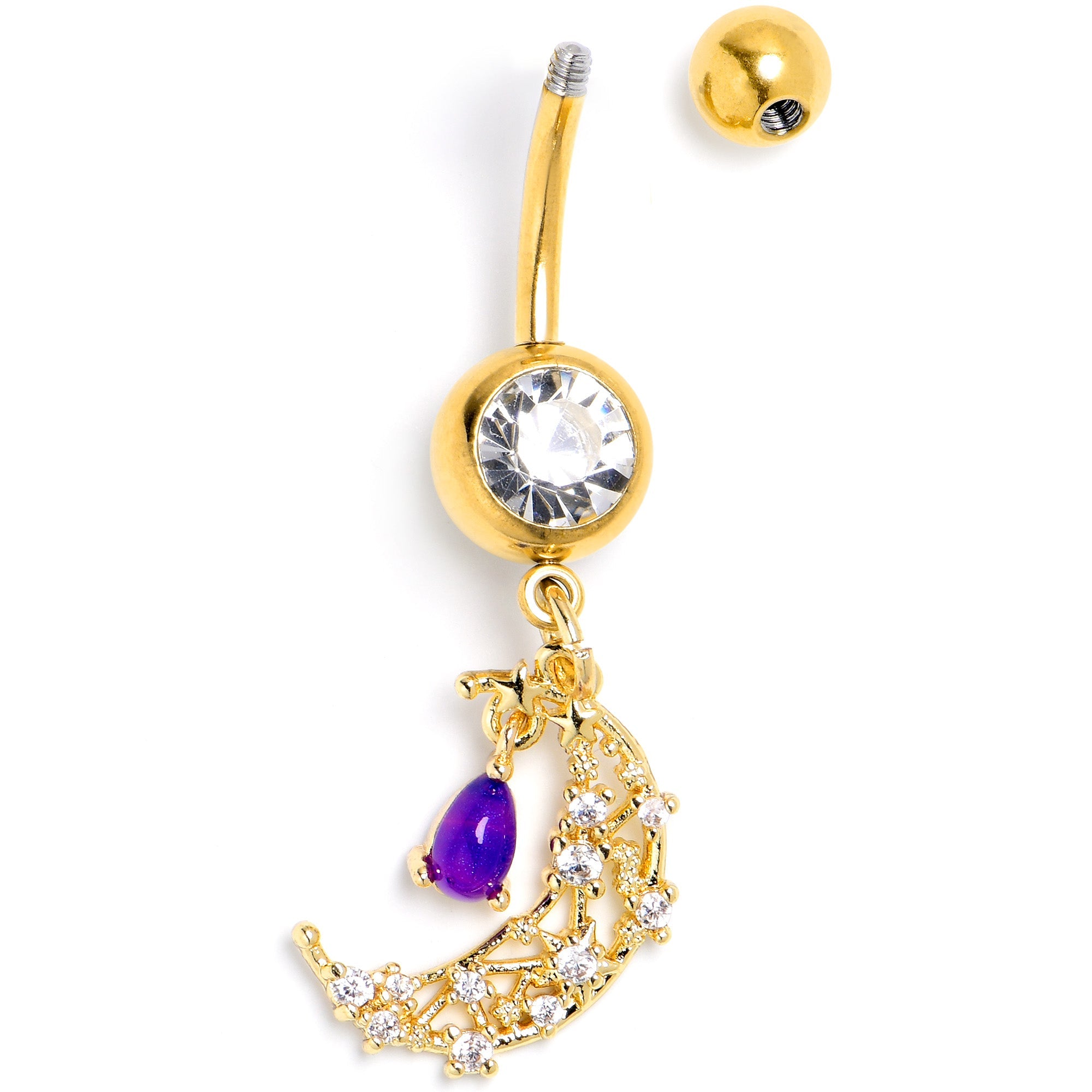 Purple Gem Gold Tone Constellation Moon Dangle Belly Ring