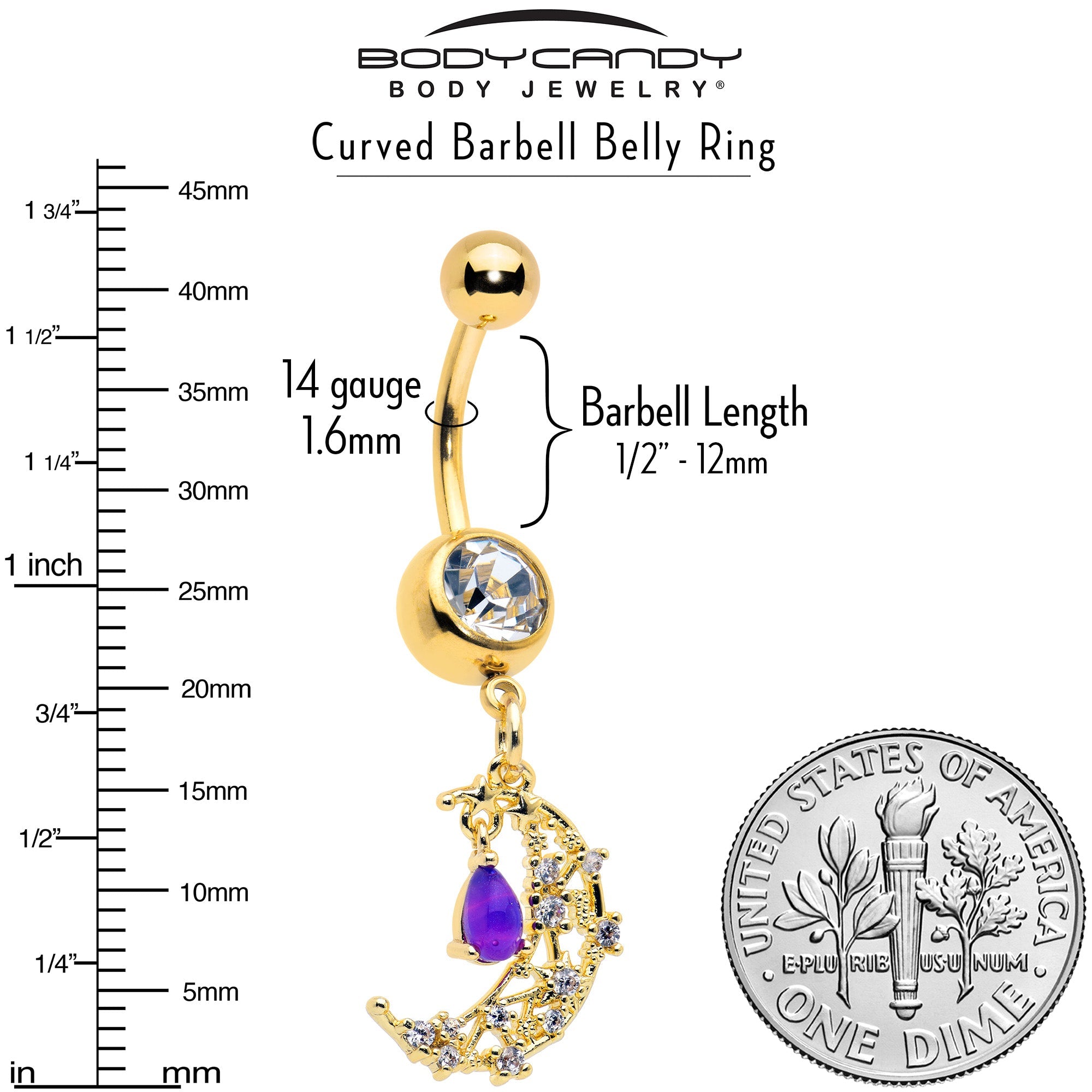 Purple Gem Gold Tone Constellation Moon Dangle Belly Ring