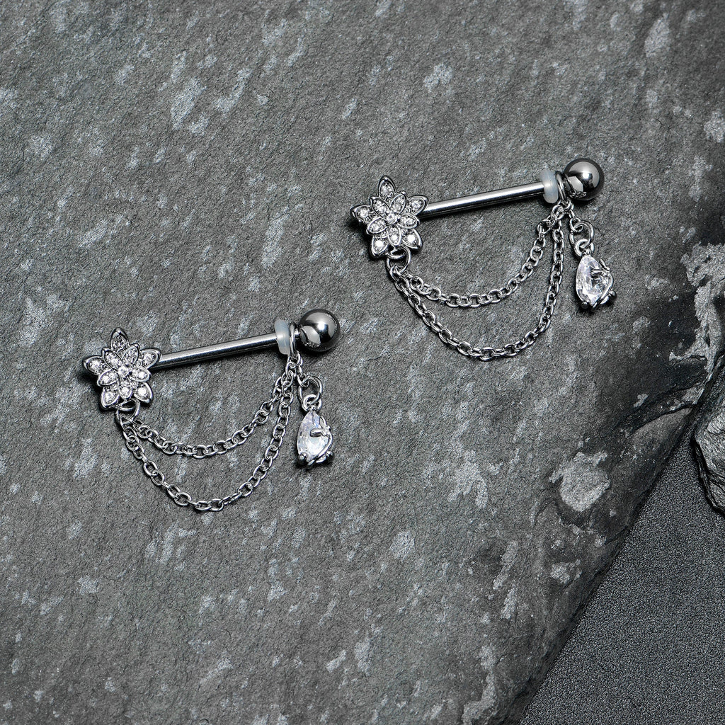 14G 9/16 Clear CZ Gem Snowflake Flower Chain Dangle Nipple Ring Set