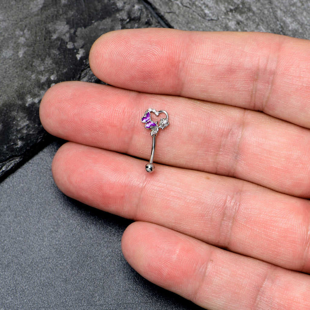 16G 5/16 Clear CZ Gem Butterfly Rose Purple Curved Eyebrow Ring
