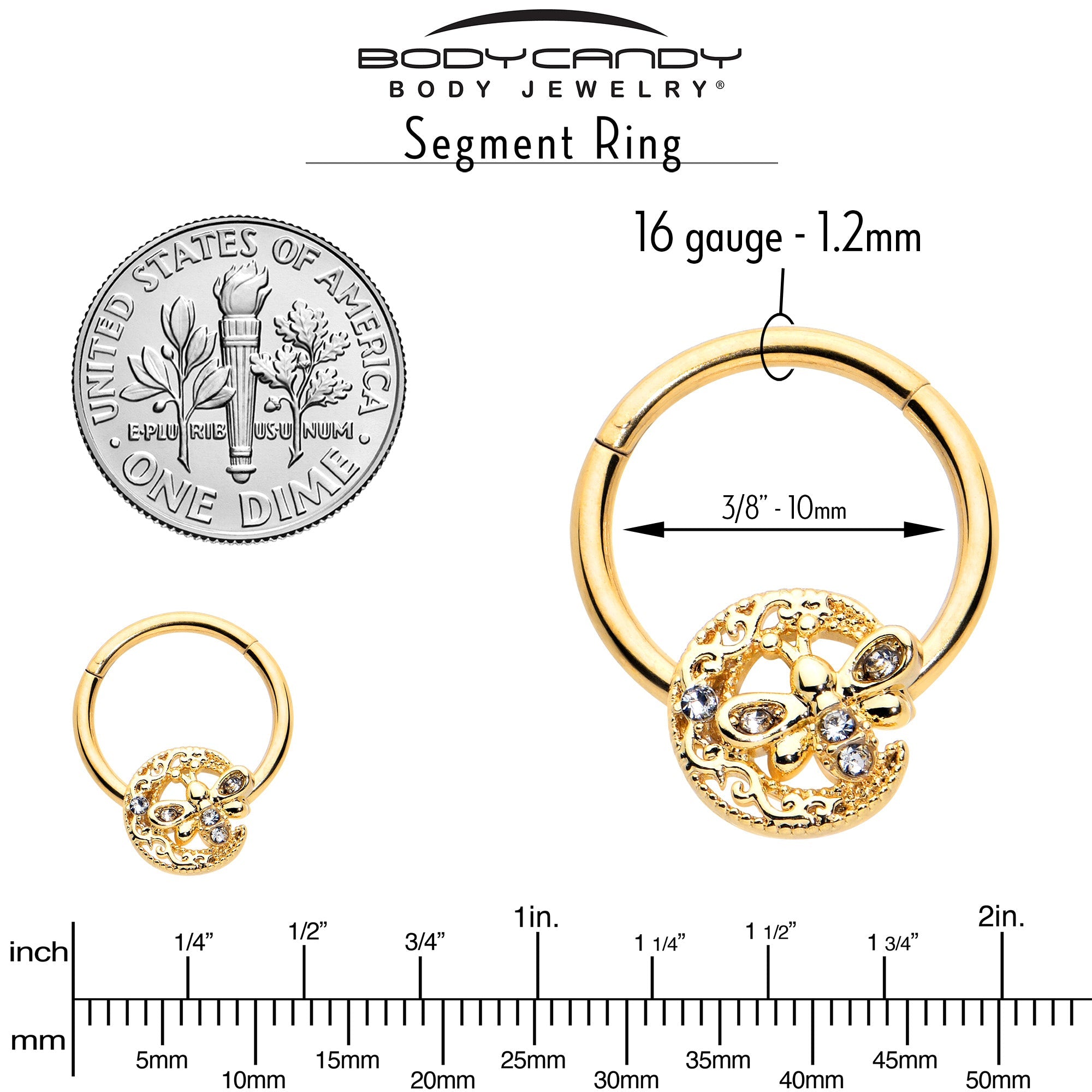 16G 3/8 Clear Gem Gold Tone Lunar Dragonfly Hinged Segment Ring