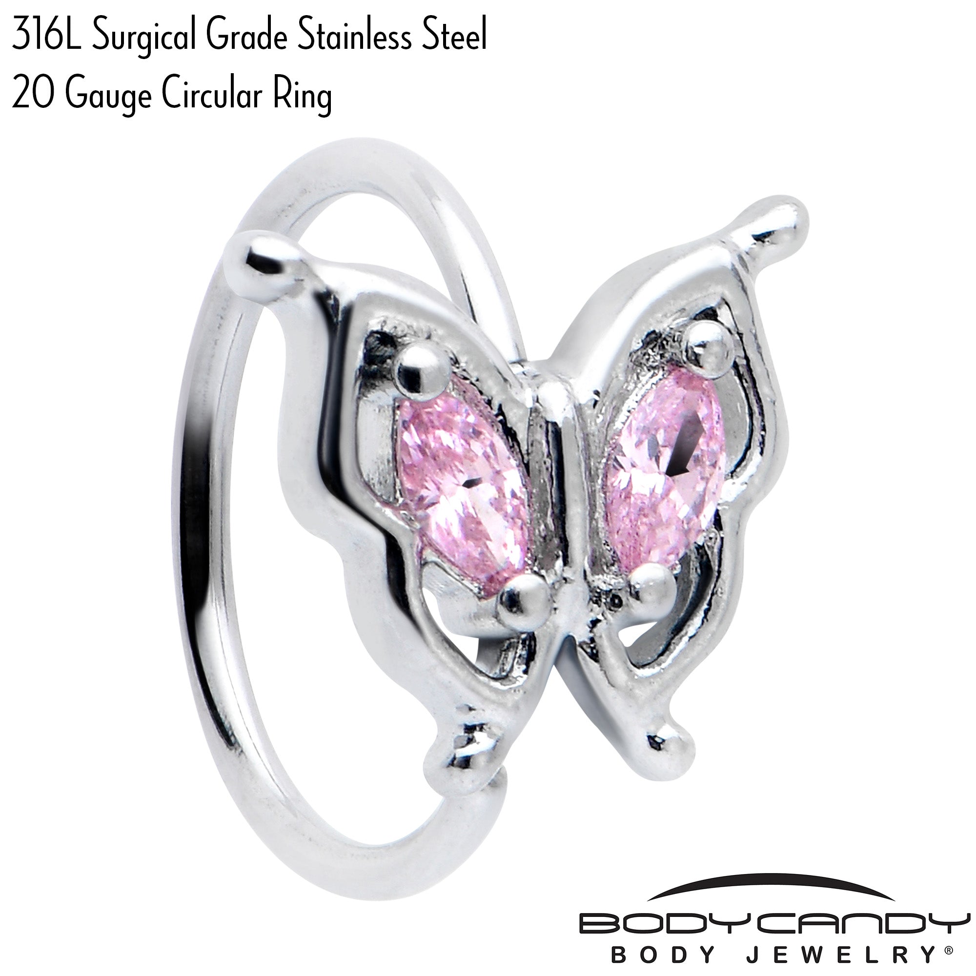 20G 5/16 Pink Gem Fancy Fab Butterfly Nose Hoop