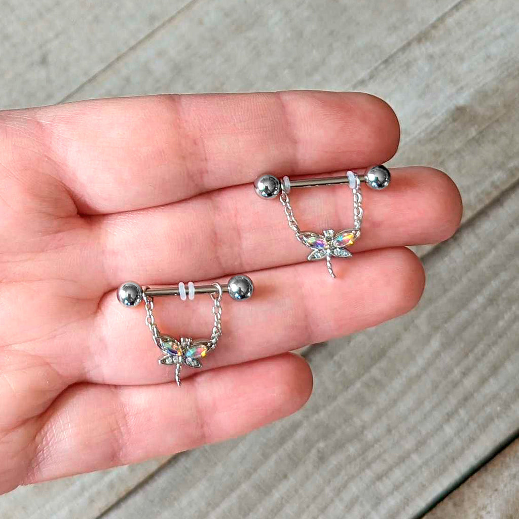 14G 9/16 Aurora CZ Gem Understated Dragonfly Dangle Nipple Ring Set