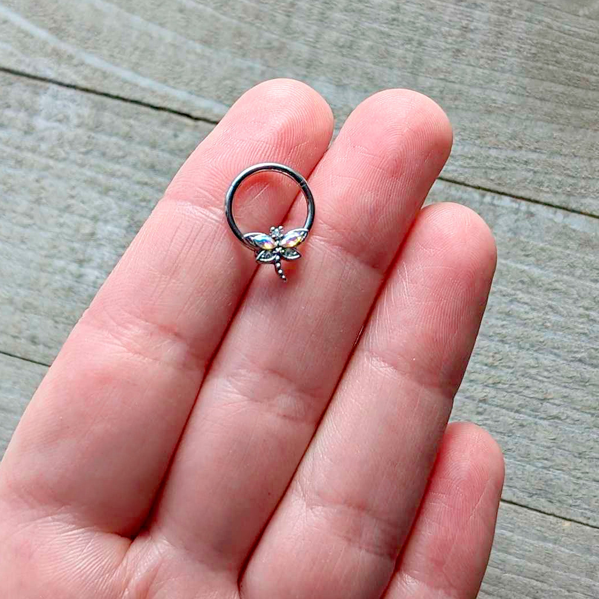 16G 3/8 Aurora CZ Gem Understated Dragonfly Hinged Segment Ring