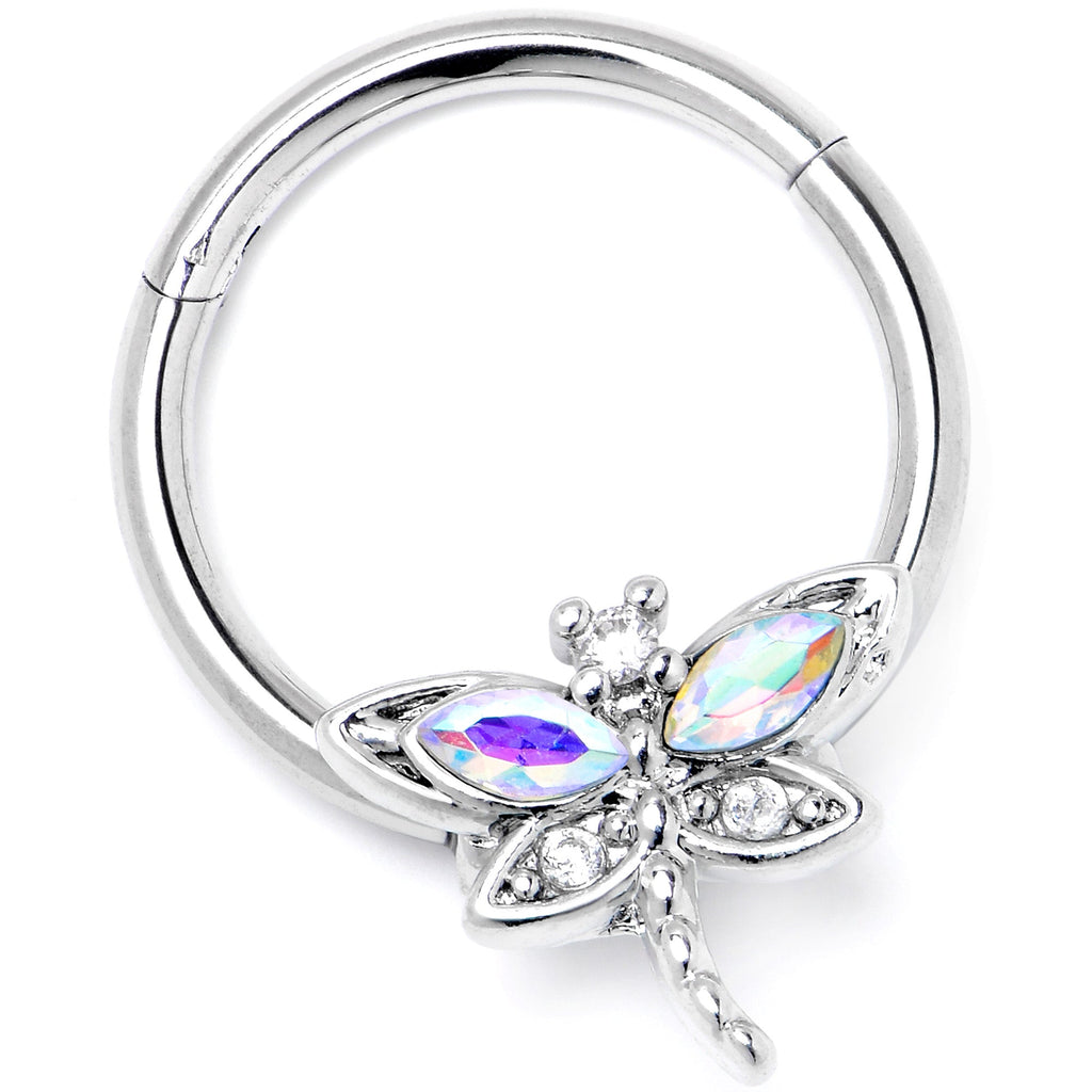 16G 3/8 Aurora CZ Gem Understated Dragonfly Hinged Segment Ring