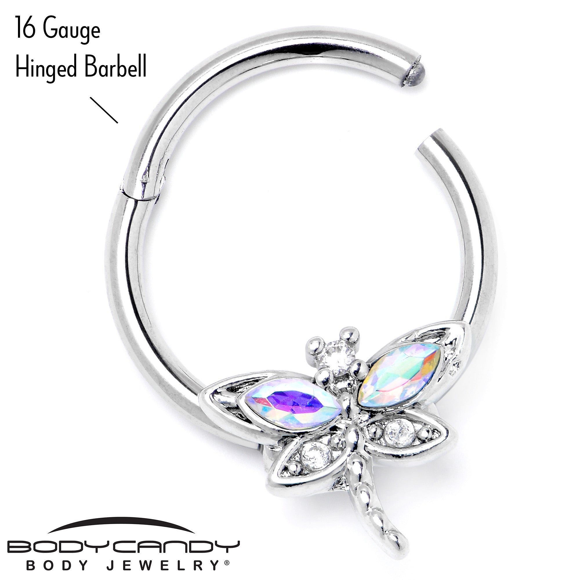 16G 3/8 Aurora CZ Gem Understated Dragonfly Hinged Segment Ring