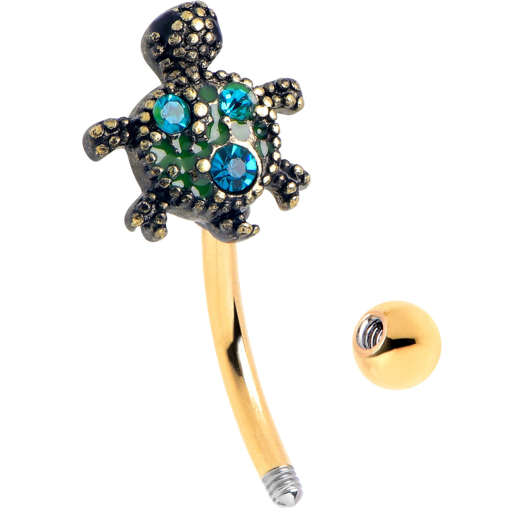 16G 5/16 Blue Gem Gold Tone Sweet Sea Turtle Curved Eyebrow Ring