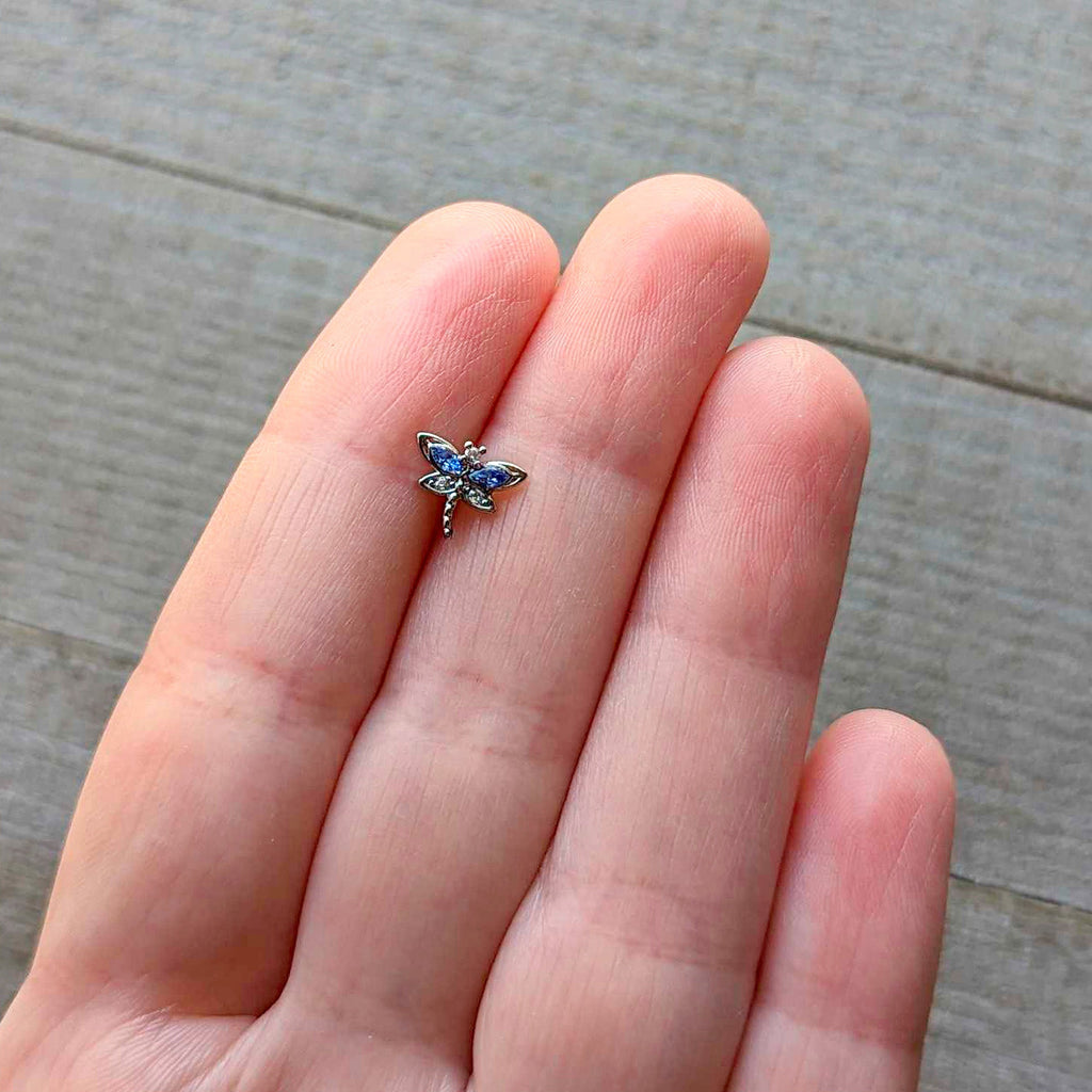 16G 1/4 Blue CZ Gem Dragonfly Style Cartilage Tragus Earring