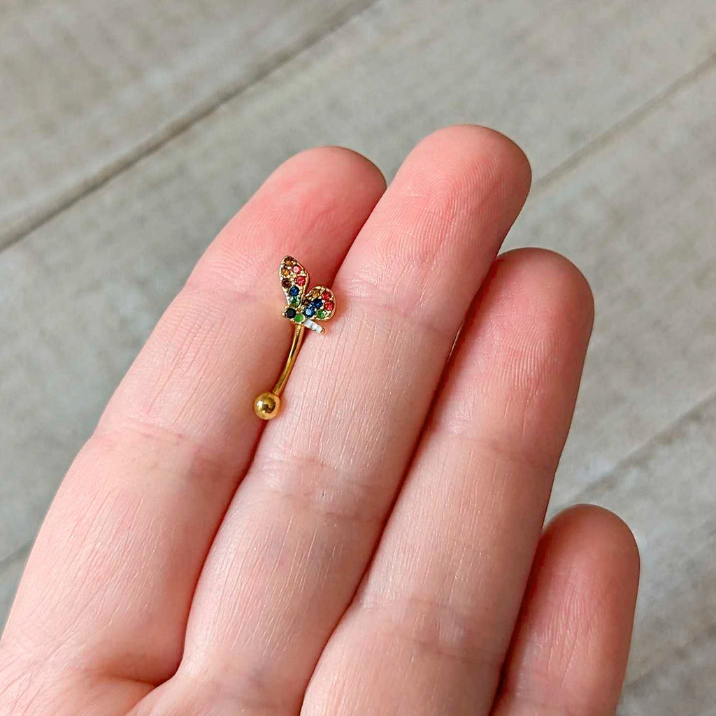 16G 5/16 Red Blue Gem Gold Tone Butterfly Curved Eyebrow Ring