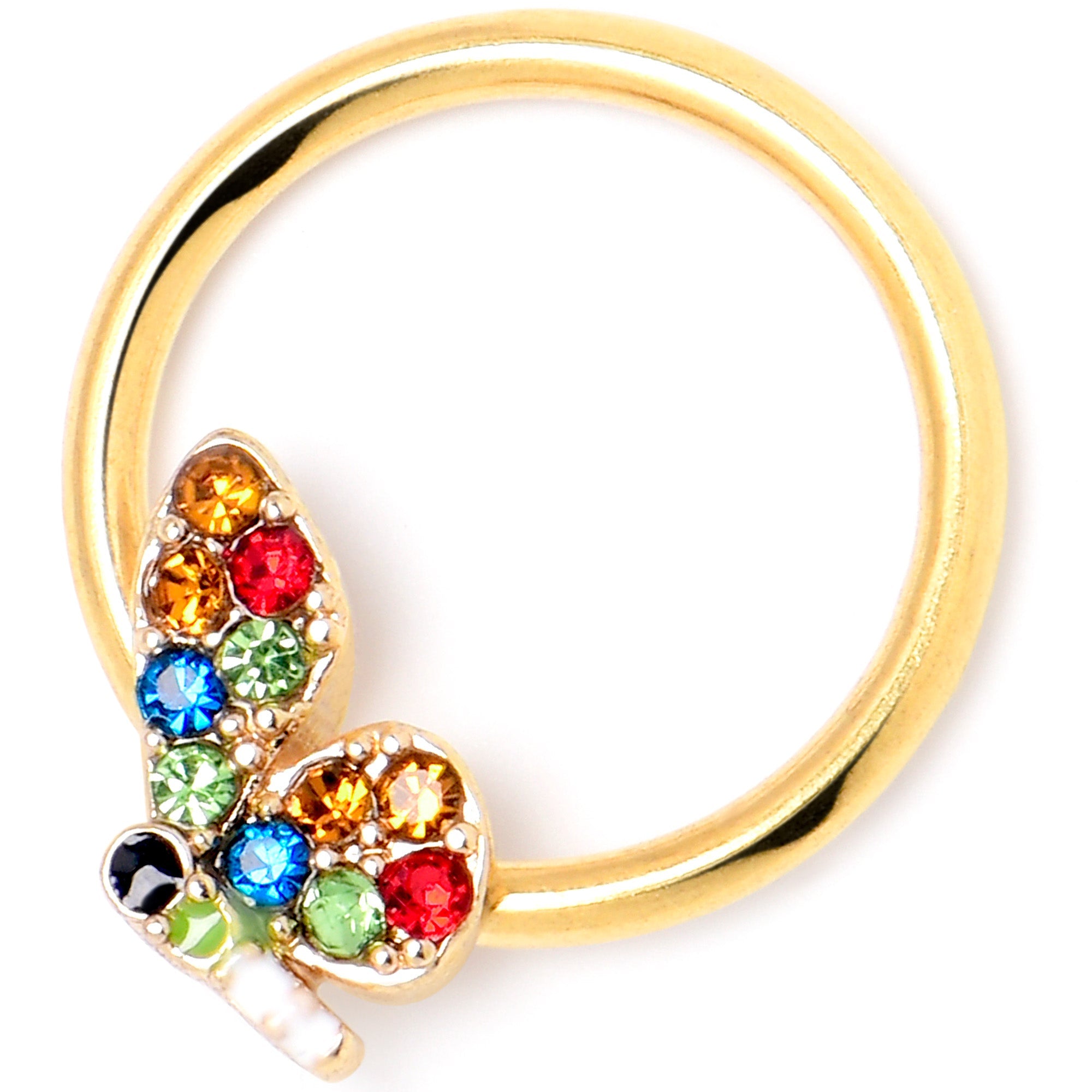 16G 3/8 Red Blue Gem Gold Tone Butterfly BCR Captive Ring