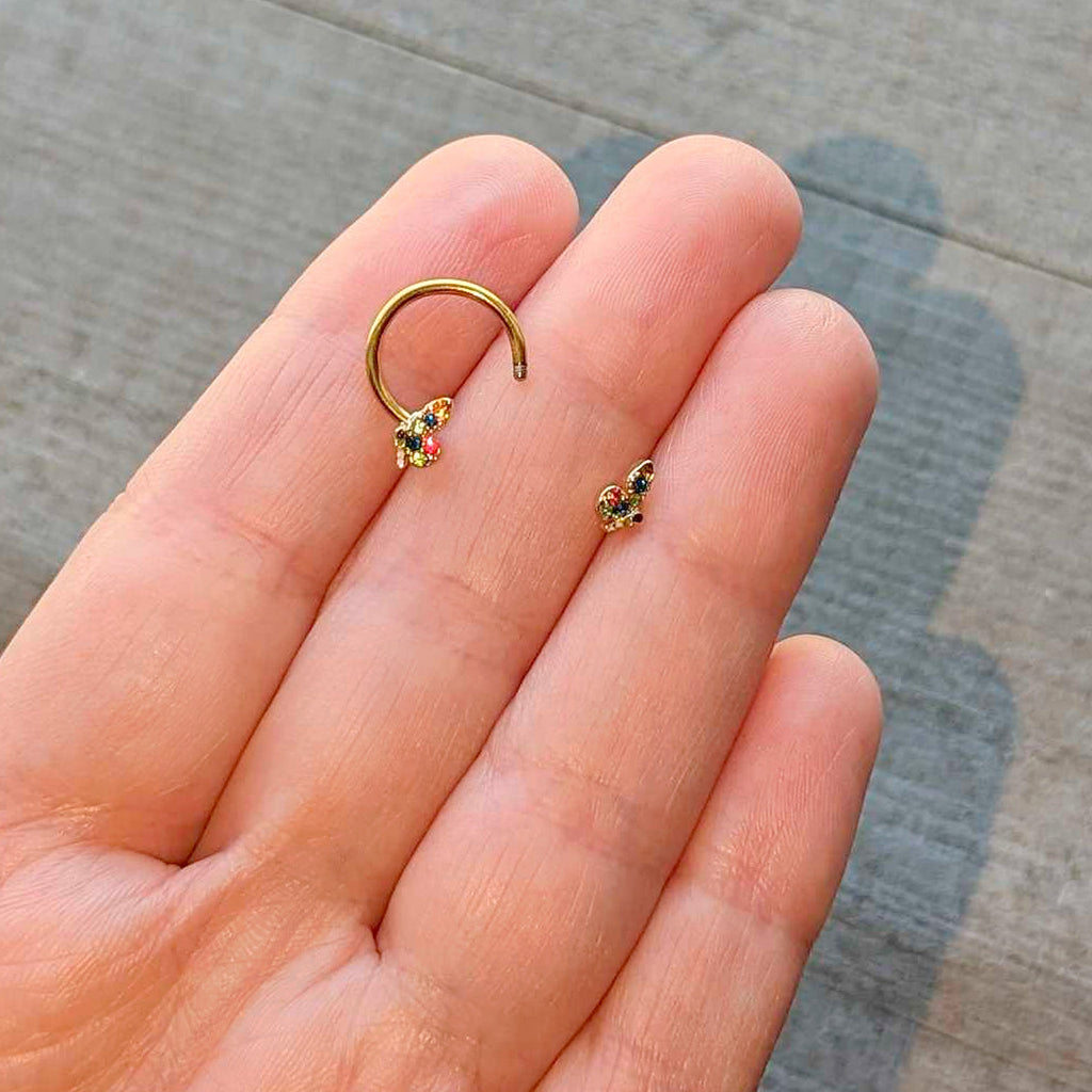 16G 3/8 Red Blue Gem Gold Hue Butterfly Horseshoe Circular Barbell