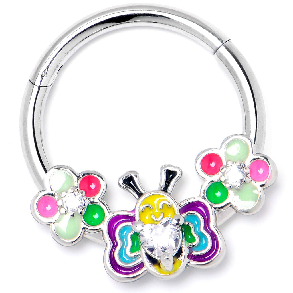 16G 3/8 Clear CZ Gem Butterfly Love Bug Hinged Segment Ring