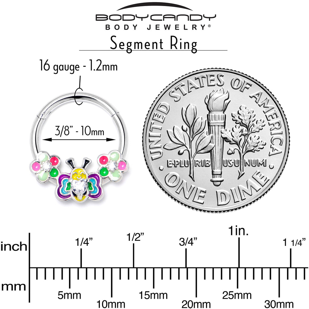 16G 3/8 Clear CZ Gem Butterfly Love Bug Hinged Segment Ring