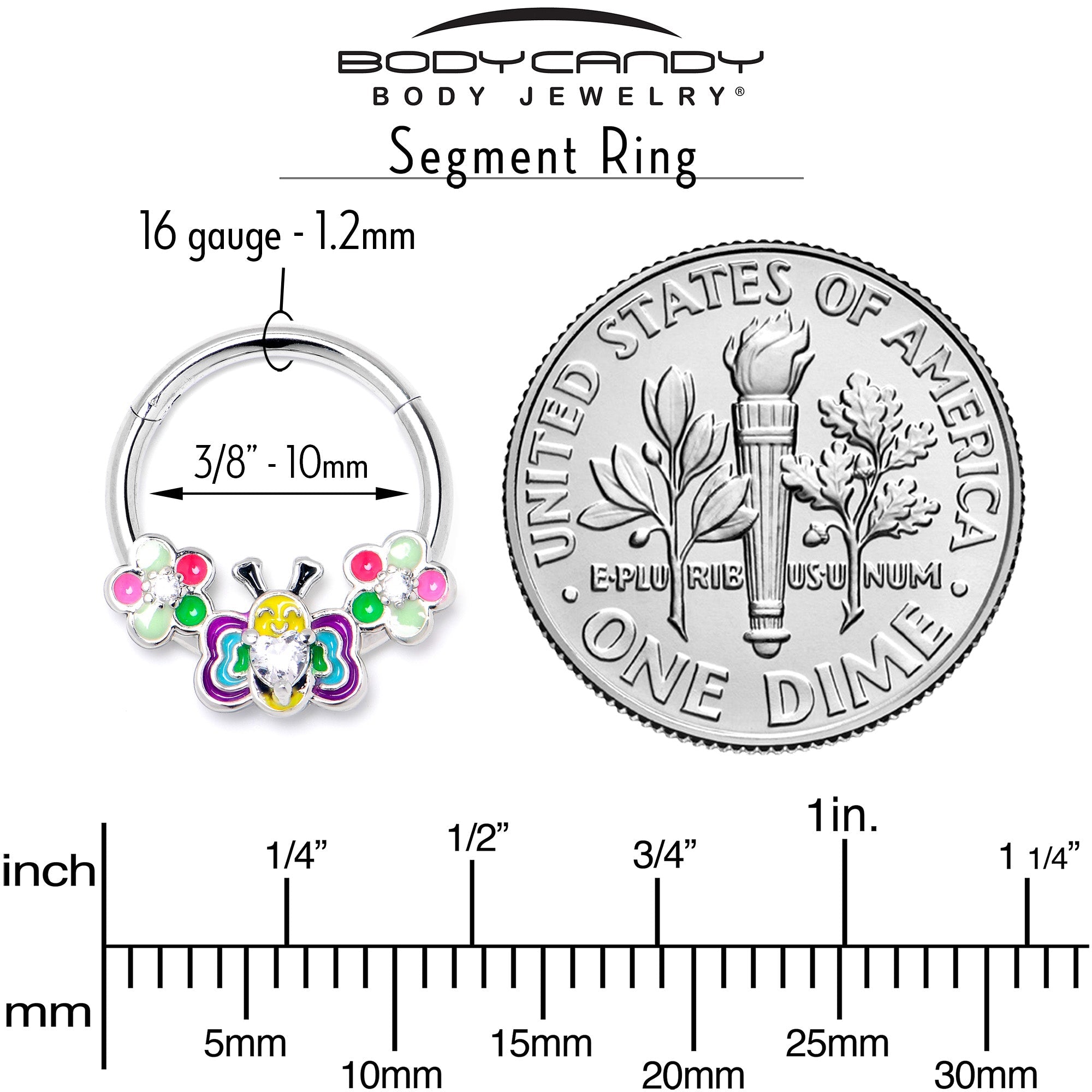 16G 3/8 Clear CZ Gem Butterfly Love Bug Hinged Segment Ring