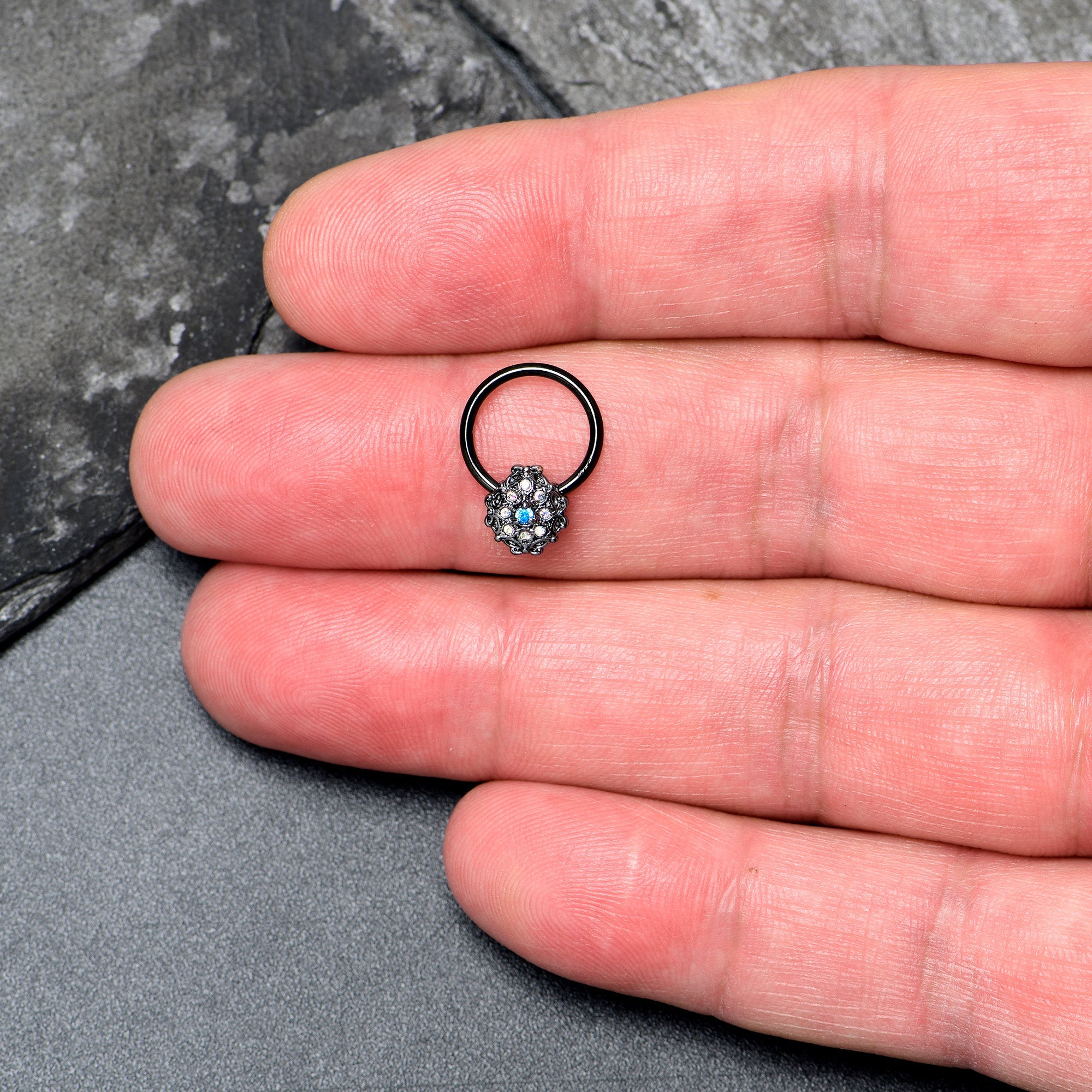 16G 3/8 Blue Aurora Gem Black Night Blossom BCR Captive Ring