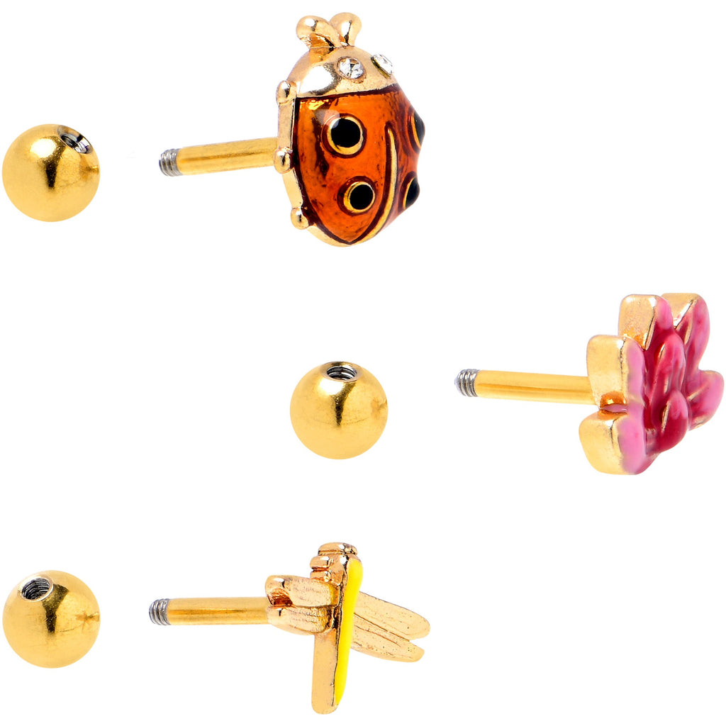 16G 1/4 Clear Gem Gold Tone Ladybug Lotus Cartilage Set of 3