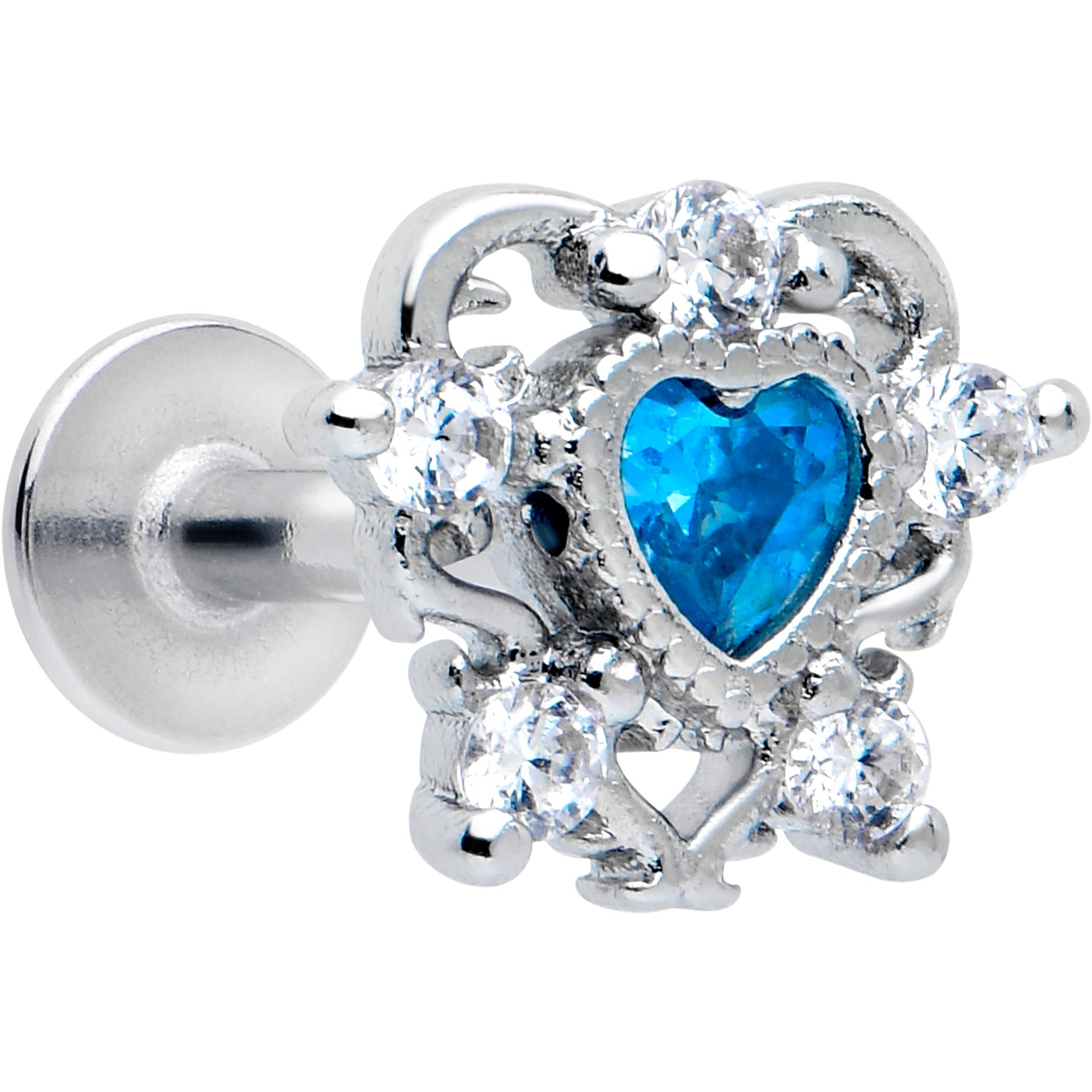 16G Blue Clear CZ Gem Heart Pair Flat Back Earring