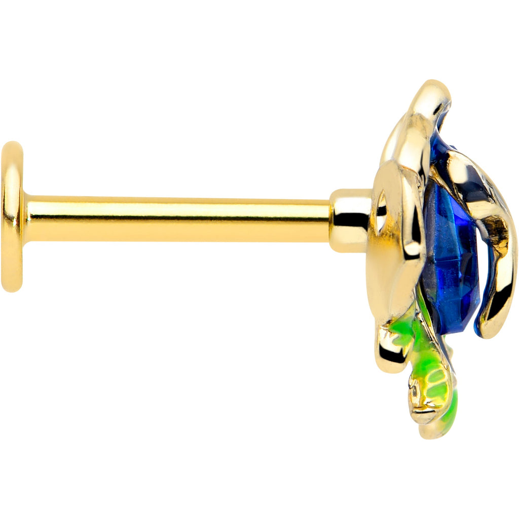 16G 5/16 Blue Gem Gold Tone Deep Blue Flower Labret Monroe Tragus