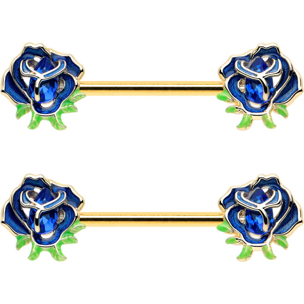14G 9/16 Blue Gem Gold Hue Deep Blue Flower Barbell Nipple Ring Set