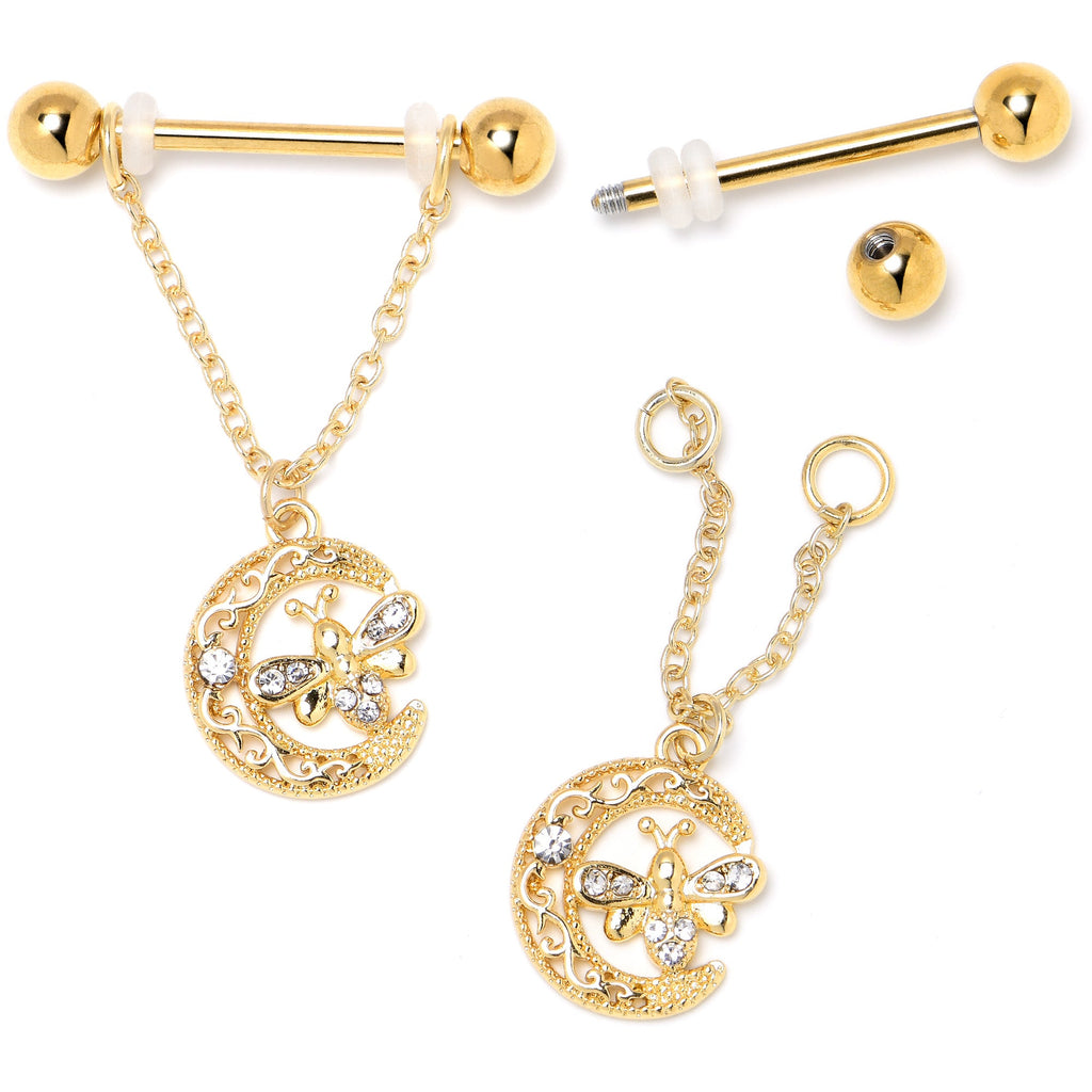 14G 3/4 Clear Gem Gold Tone Lunar Dragonfly Dangle Nipple Ring Set
