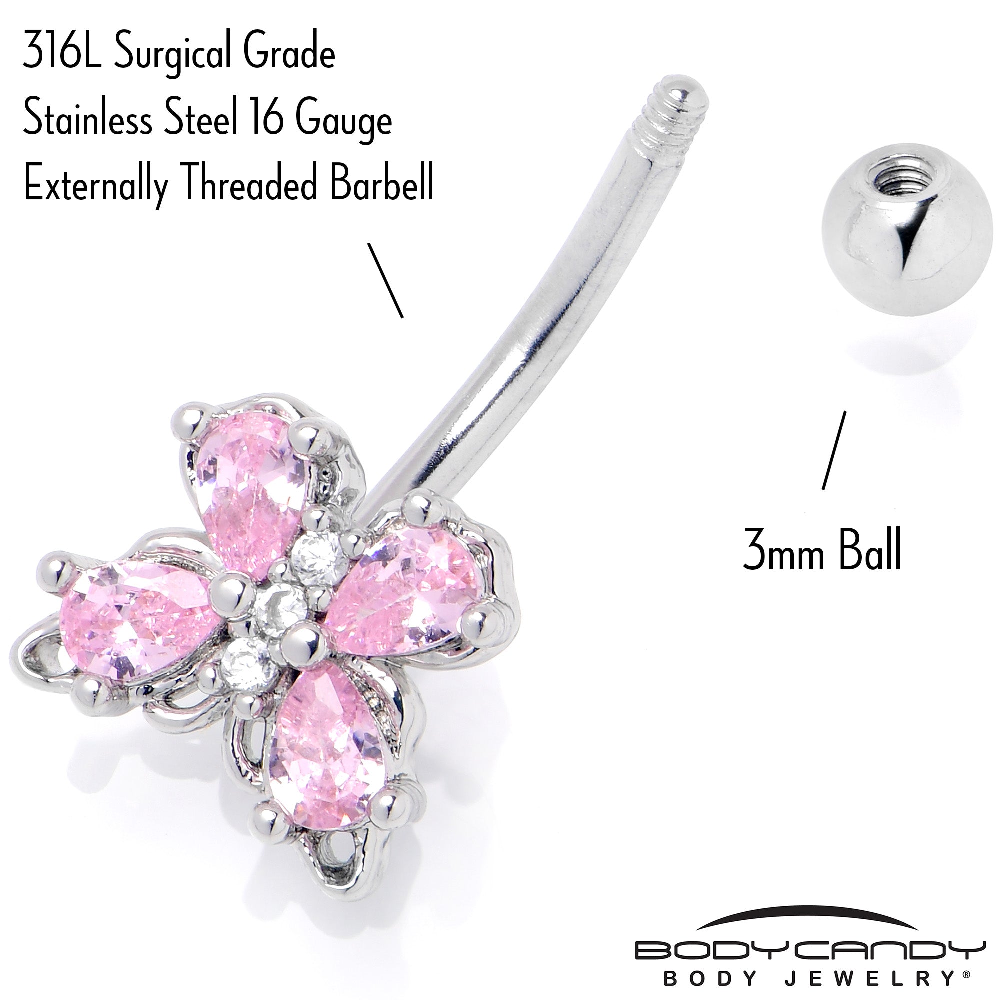 16G 5/16 Pink Gem Baroque Beauty Butterfly Curved Eyebrow Ring