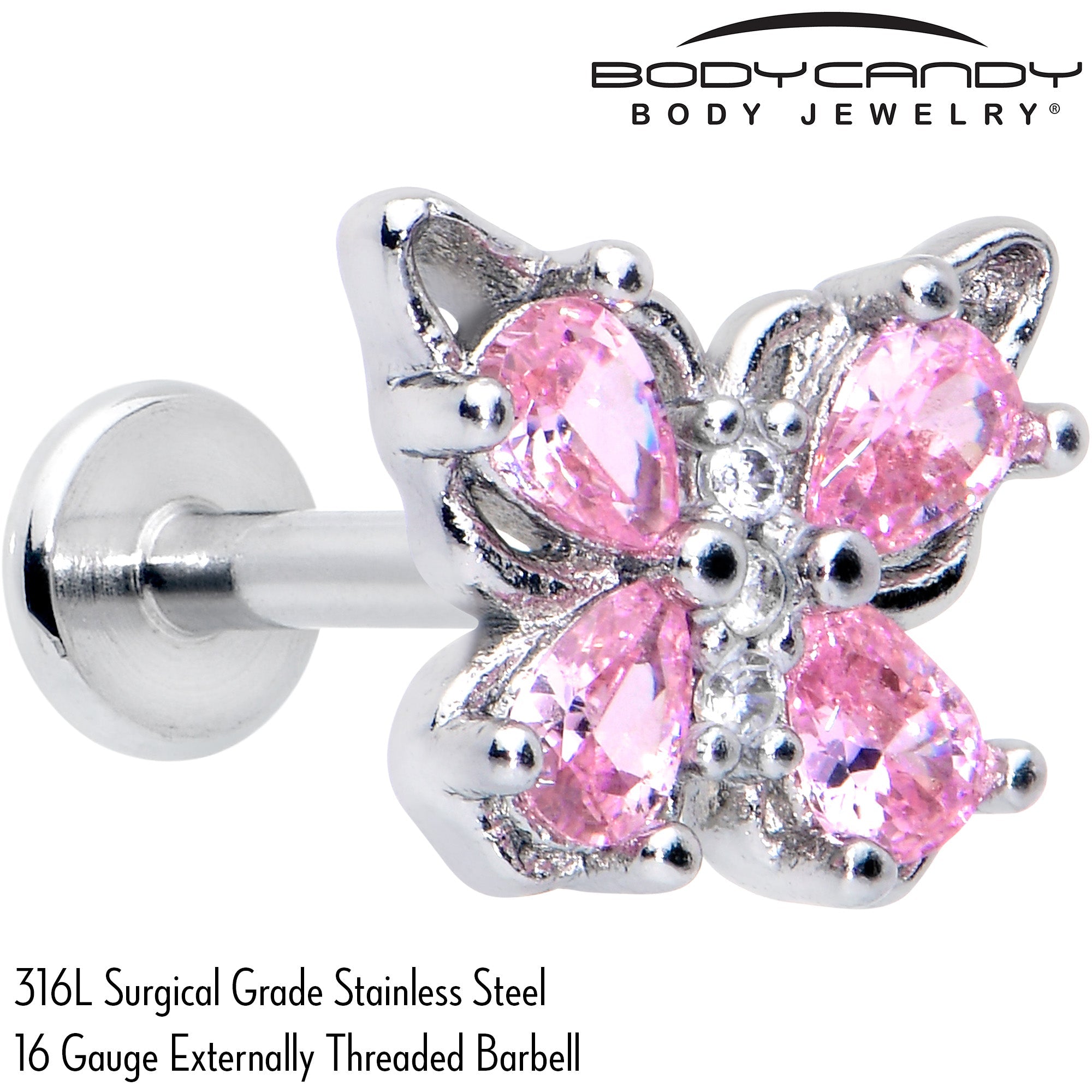 16G 5/16 Pink Gem Baroque Butterfly Internally Threaded Labret