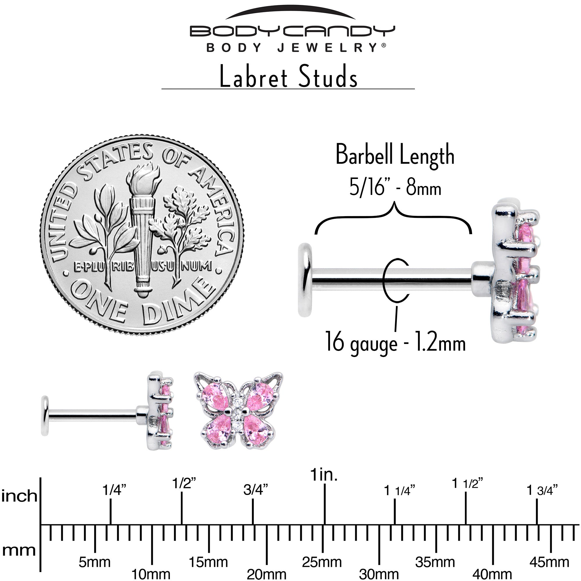 16G 5/16 Pink Gem Baroque Butterfly Internally Threaded Labret