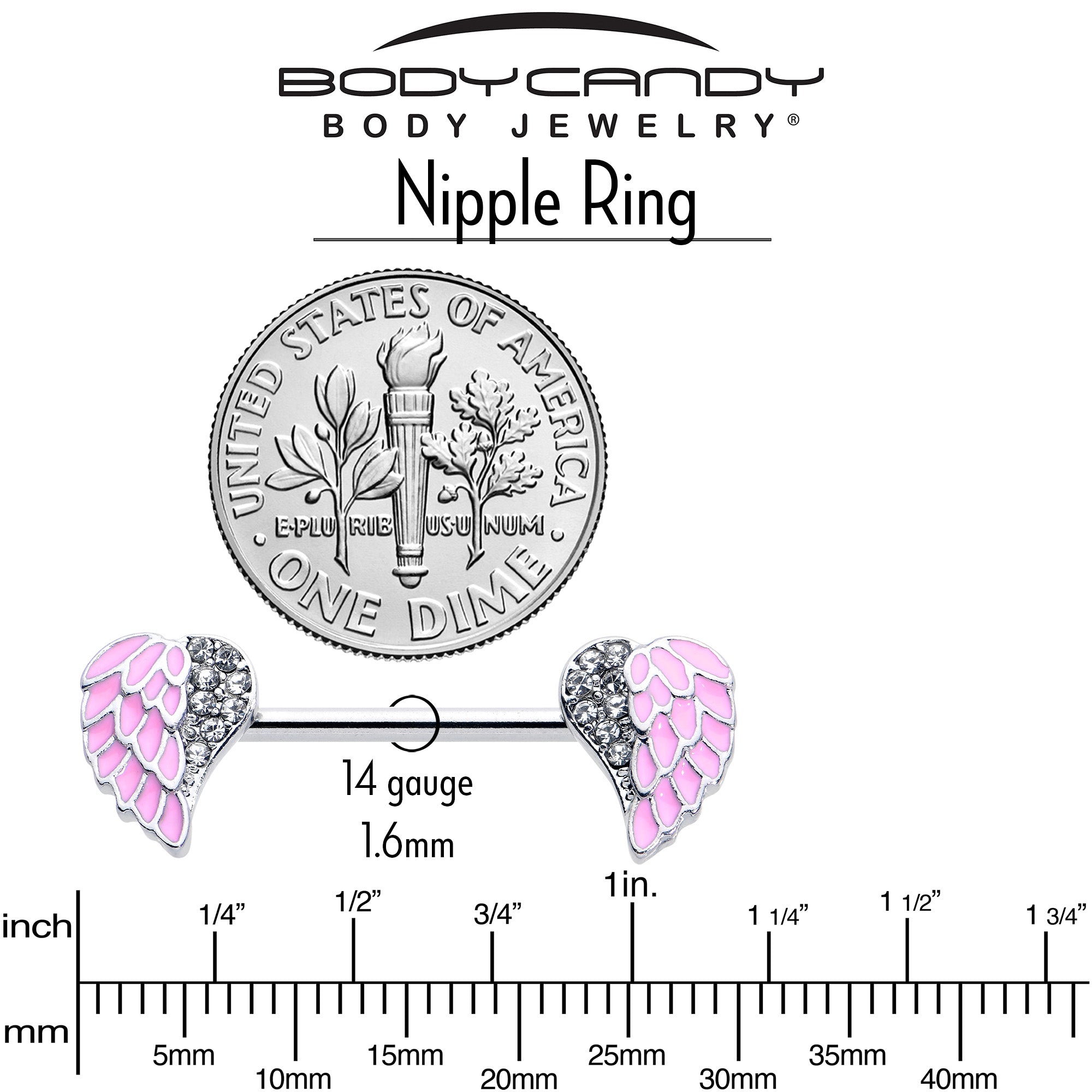 14G 9/16 Clear Gem Heavenly Heart Angel Wing Pink Nipple Ring Set
