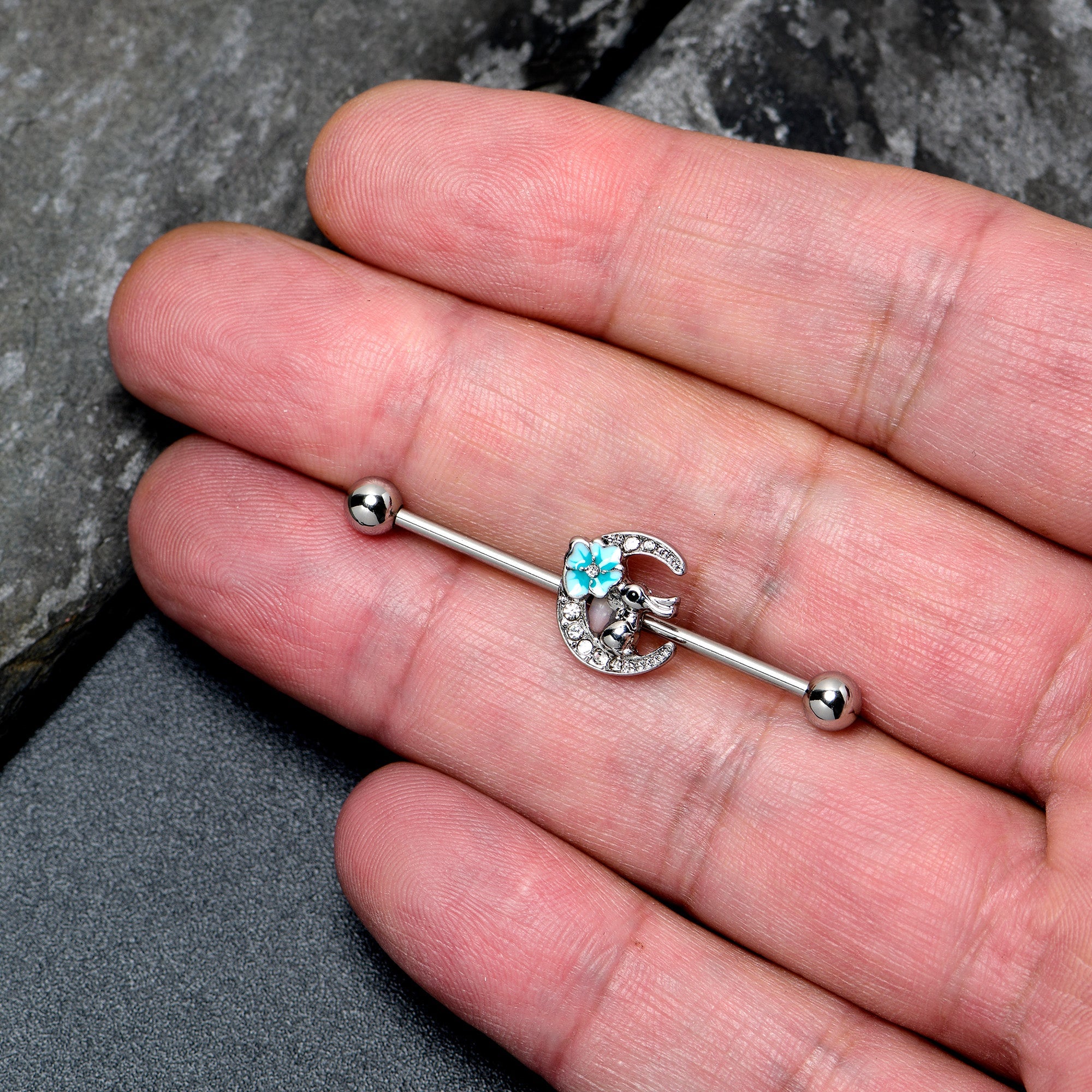 14G Clear Gem Rabbit On Moon Flower Blue Industrial Barbell 38mm