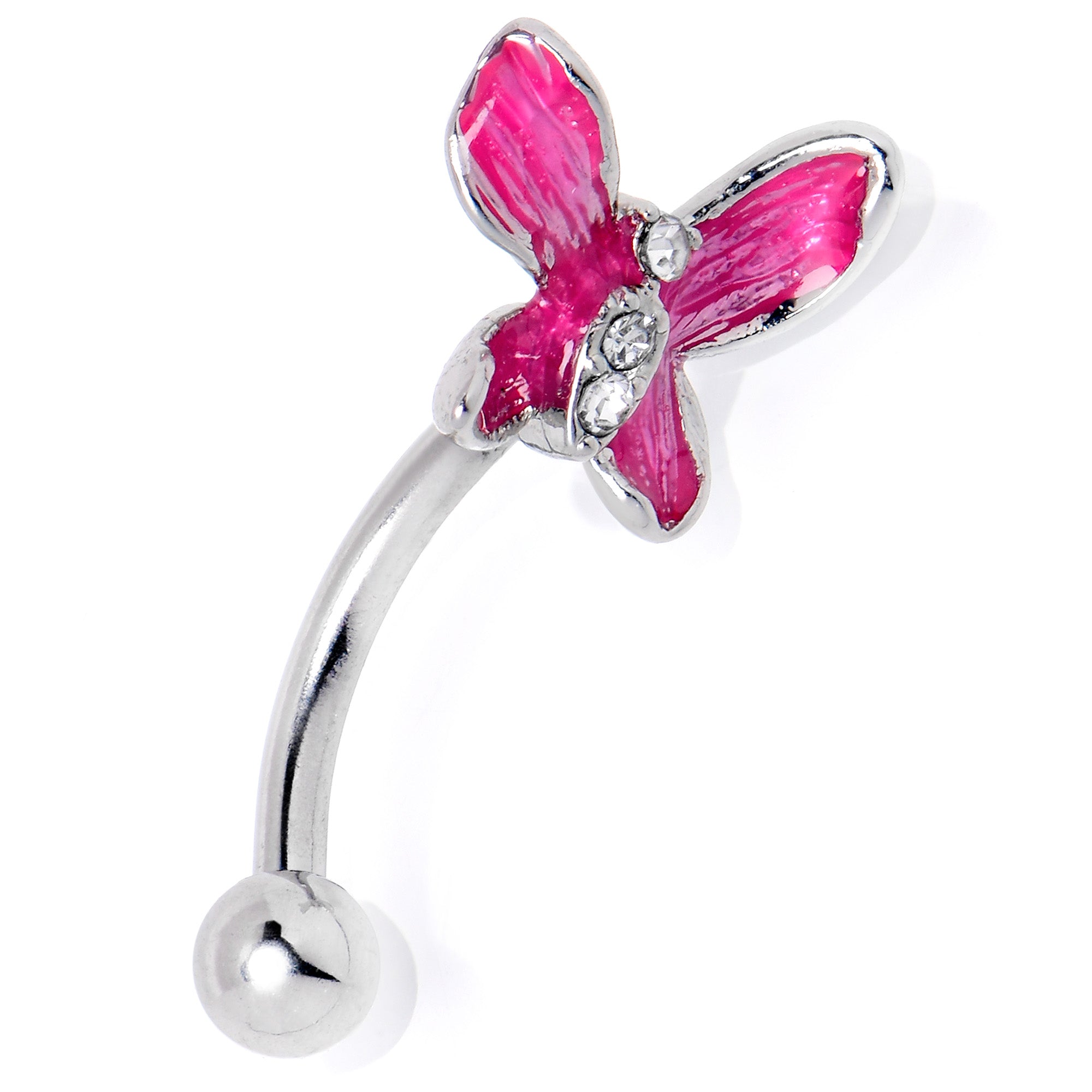 16G 5/16 Clear Gem Chunky Butterfly Pink Curved Eyebrow Ring