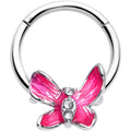 16G 3/8 Clear Gem Chunky Butterfly Pink Hinged Segment Ring