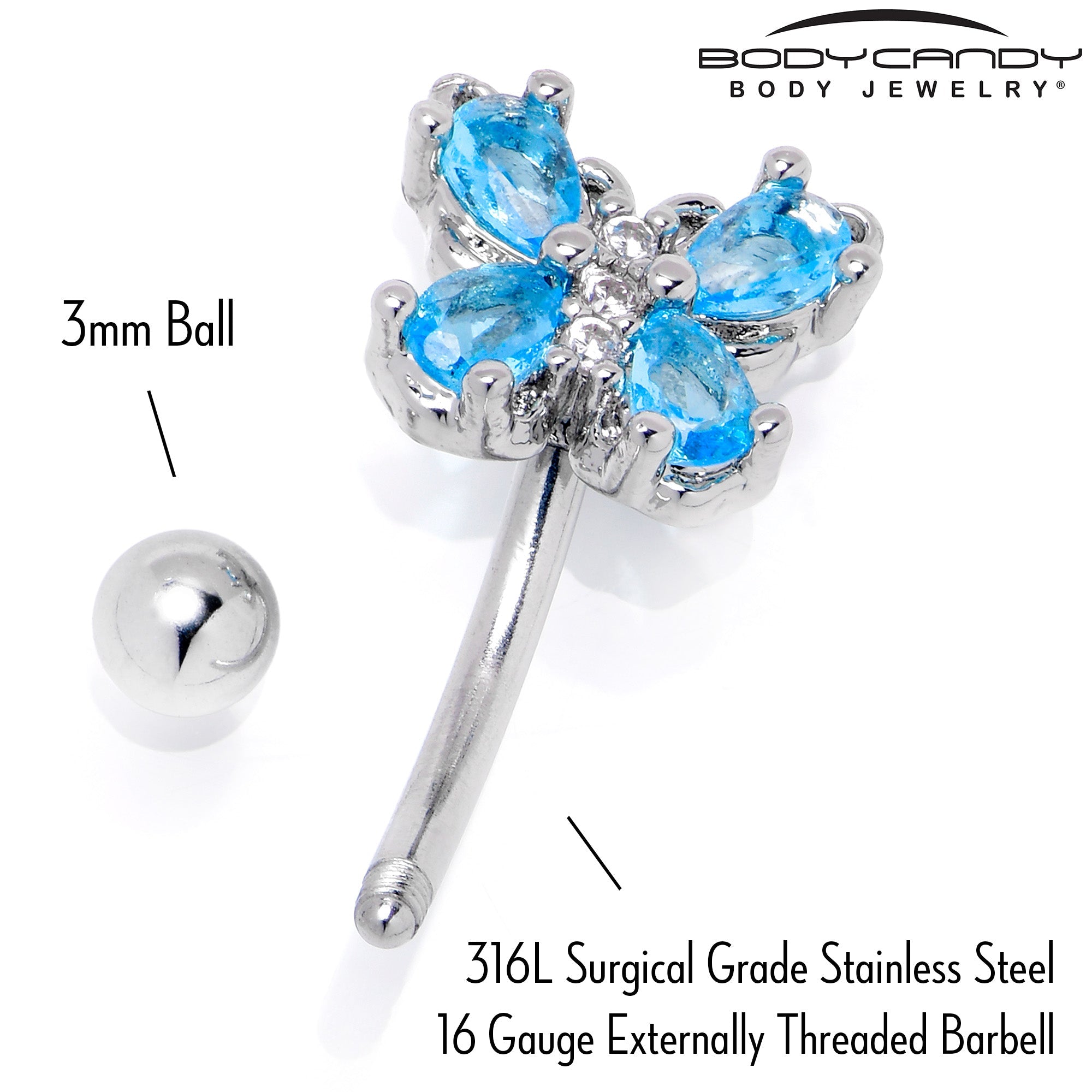 16G 5/16 Blue Gem Baroque Beauty Butterfly Curved Eyebrow Ring