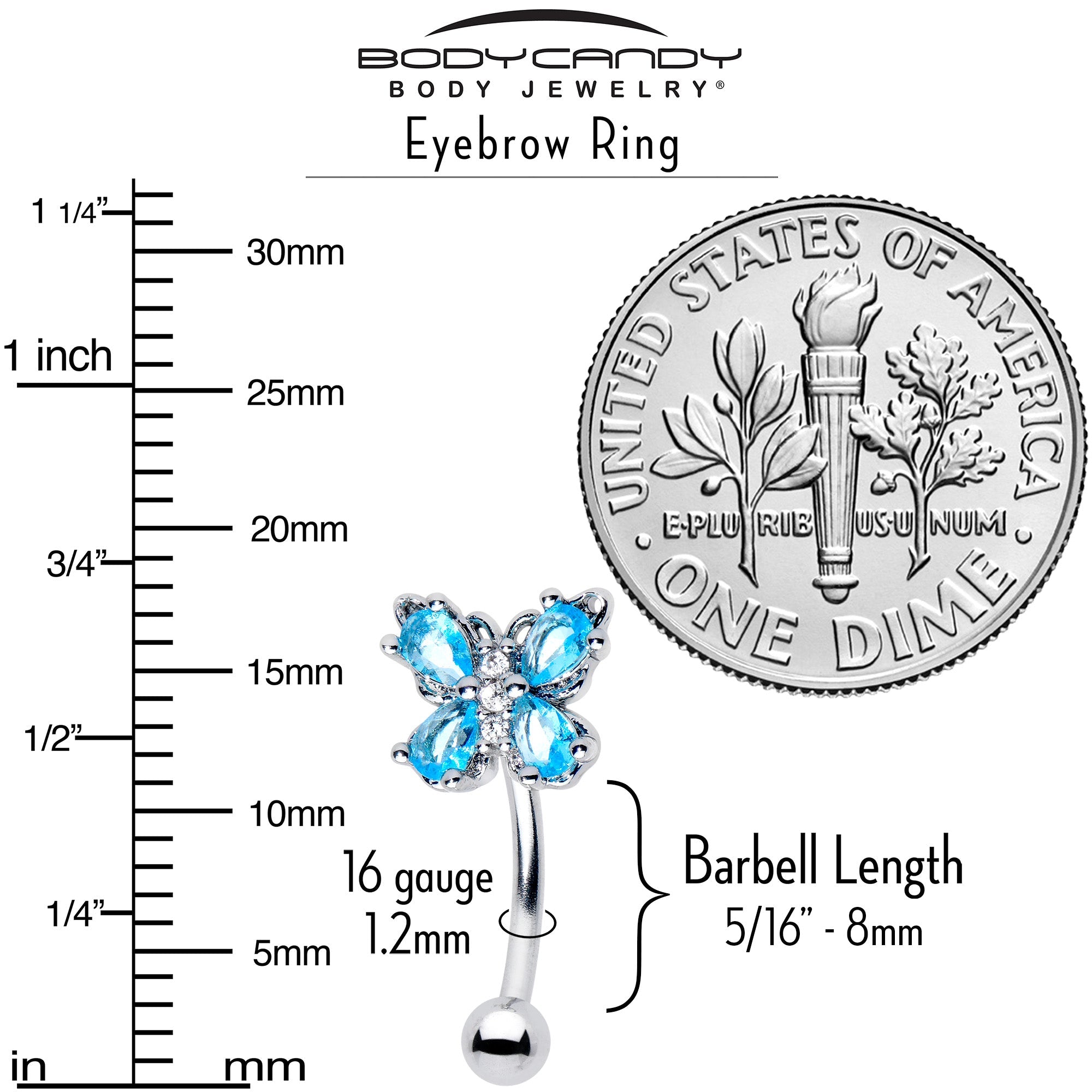 16G 5/16 Blue Gem Baroque Beauty Butterfly Curved Eyebrow Ring