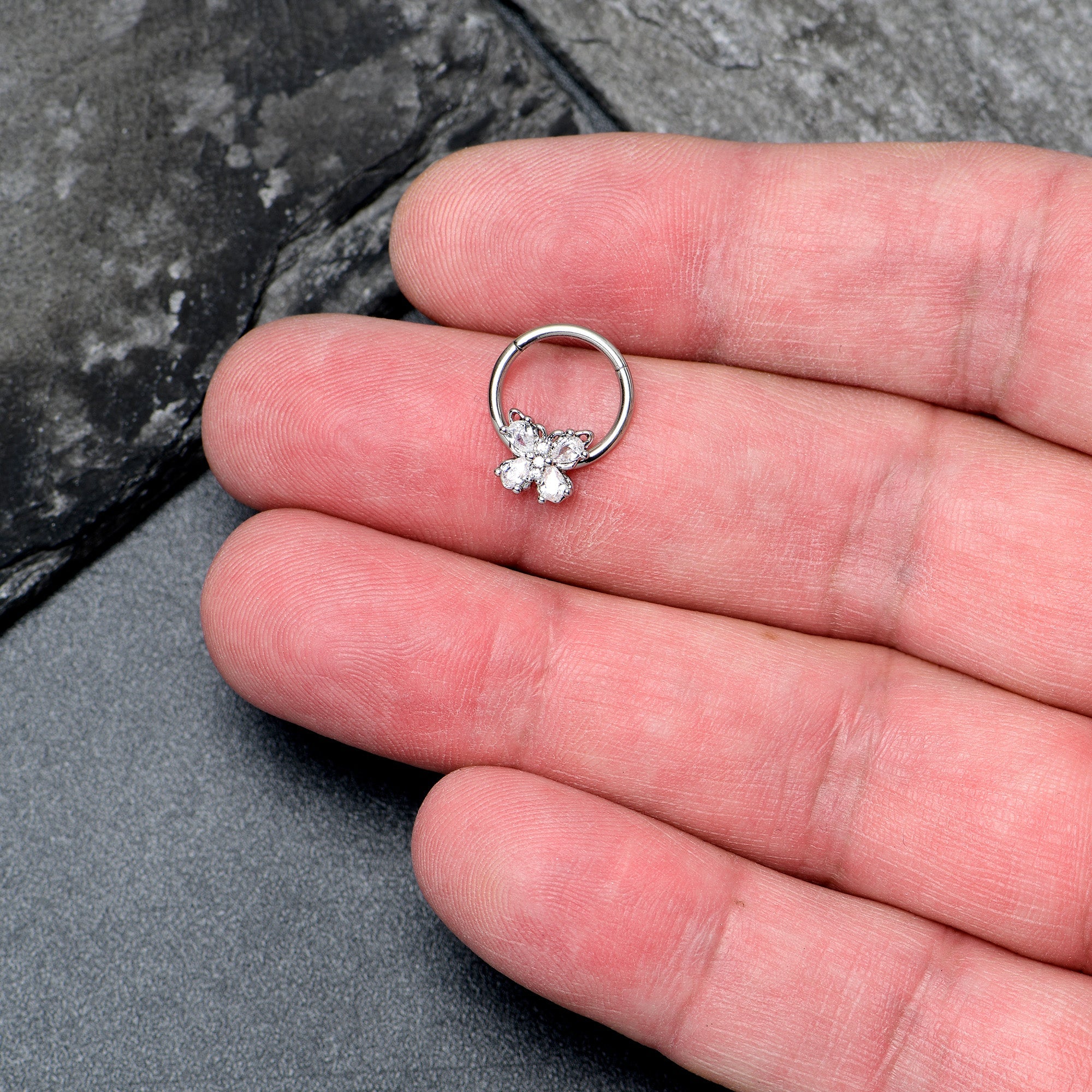 16G 3/8 Clear Gem Baroque Beauty Butterfly Hinged Segment Ring