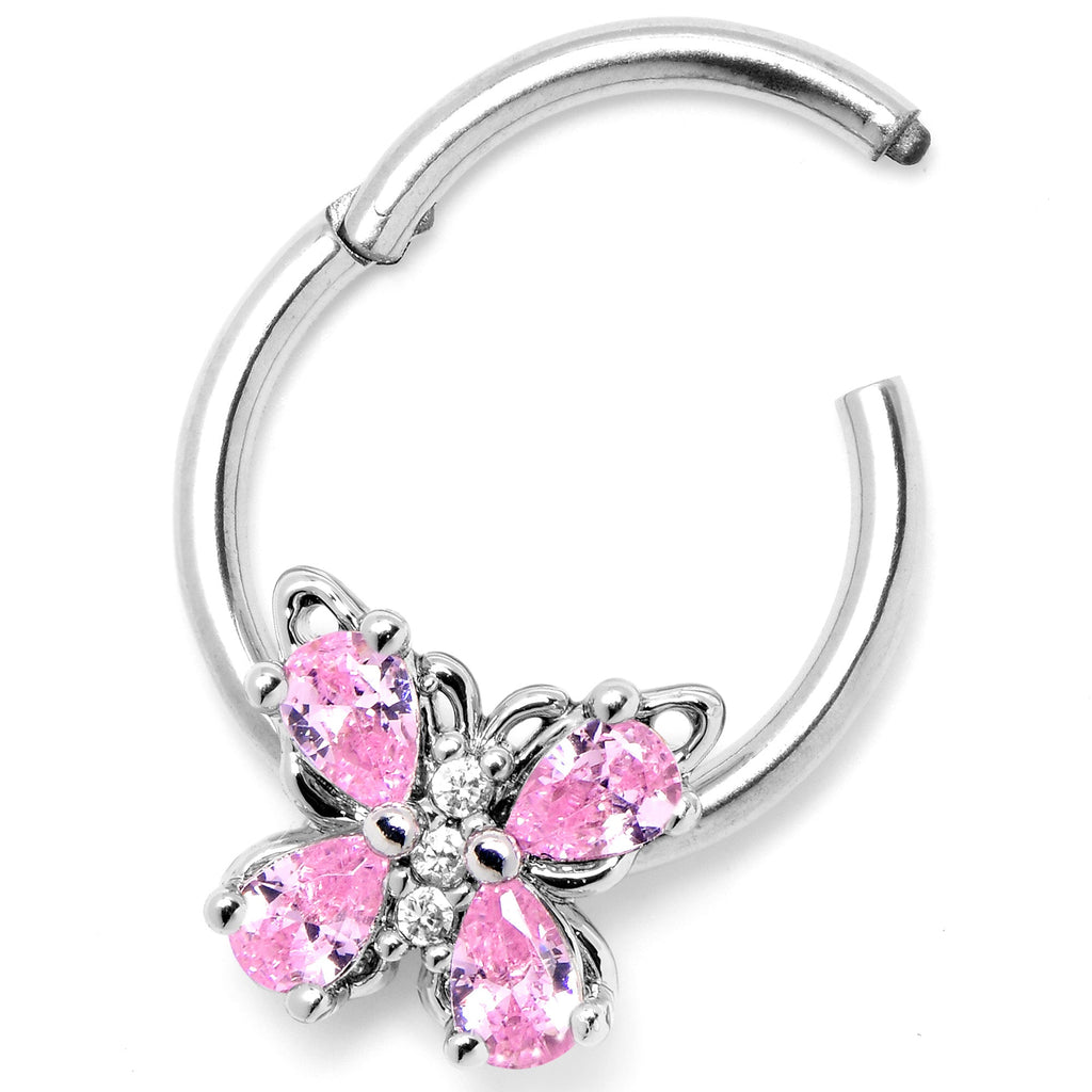 16G 3/8 Pink Gem Baroque Beauty Butterfly Hinged Segment Ring