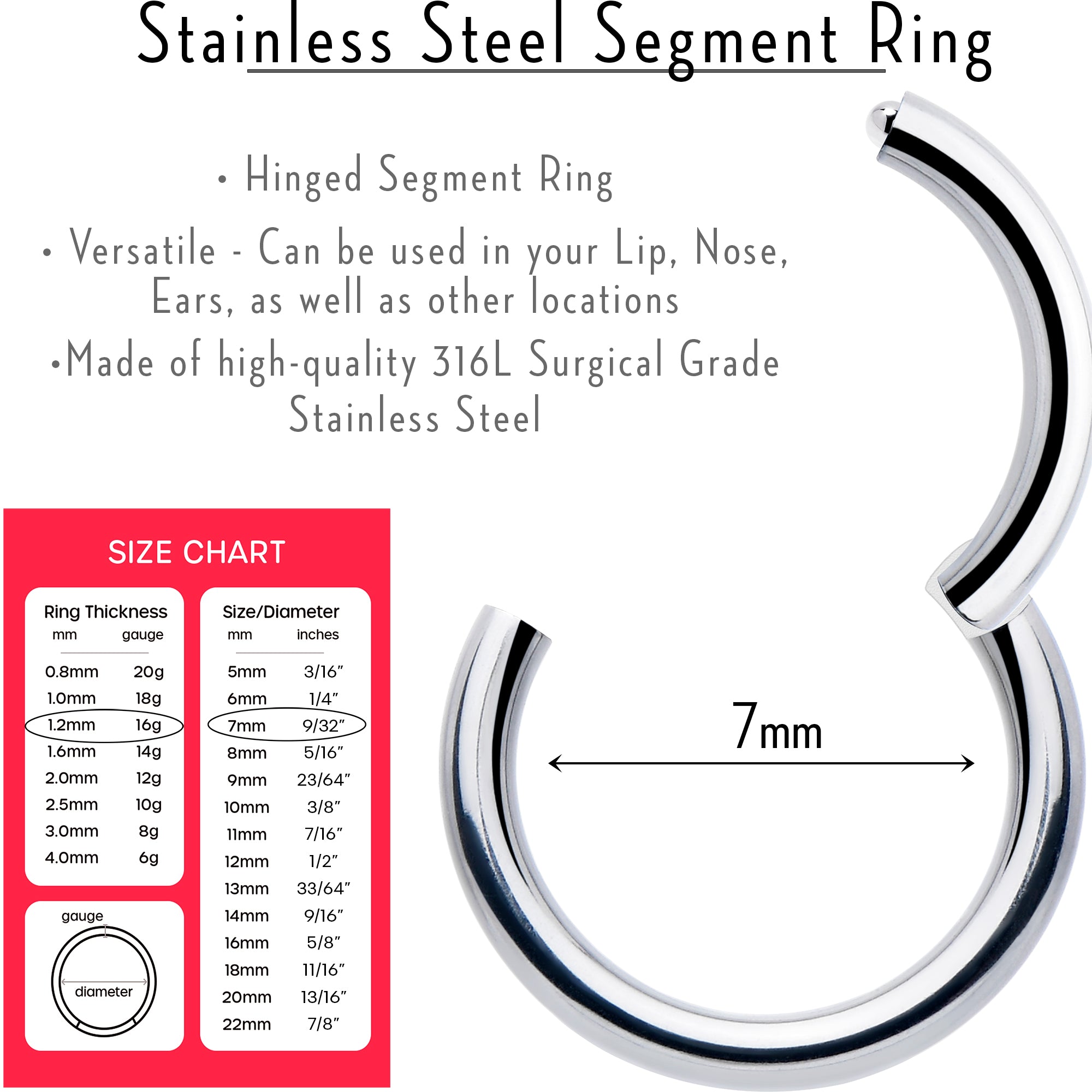 16G 7mm 316L Surgical Steel Precision Hinged Segment Hoop