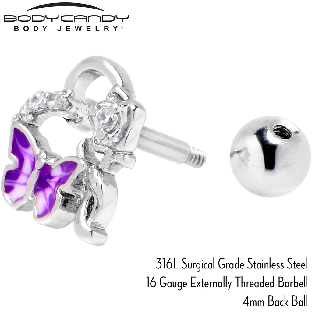 16G 1/4 Clear CZ Gem Butterfly Flower Purple Cartilage Earring