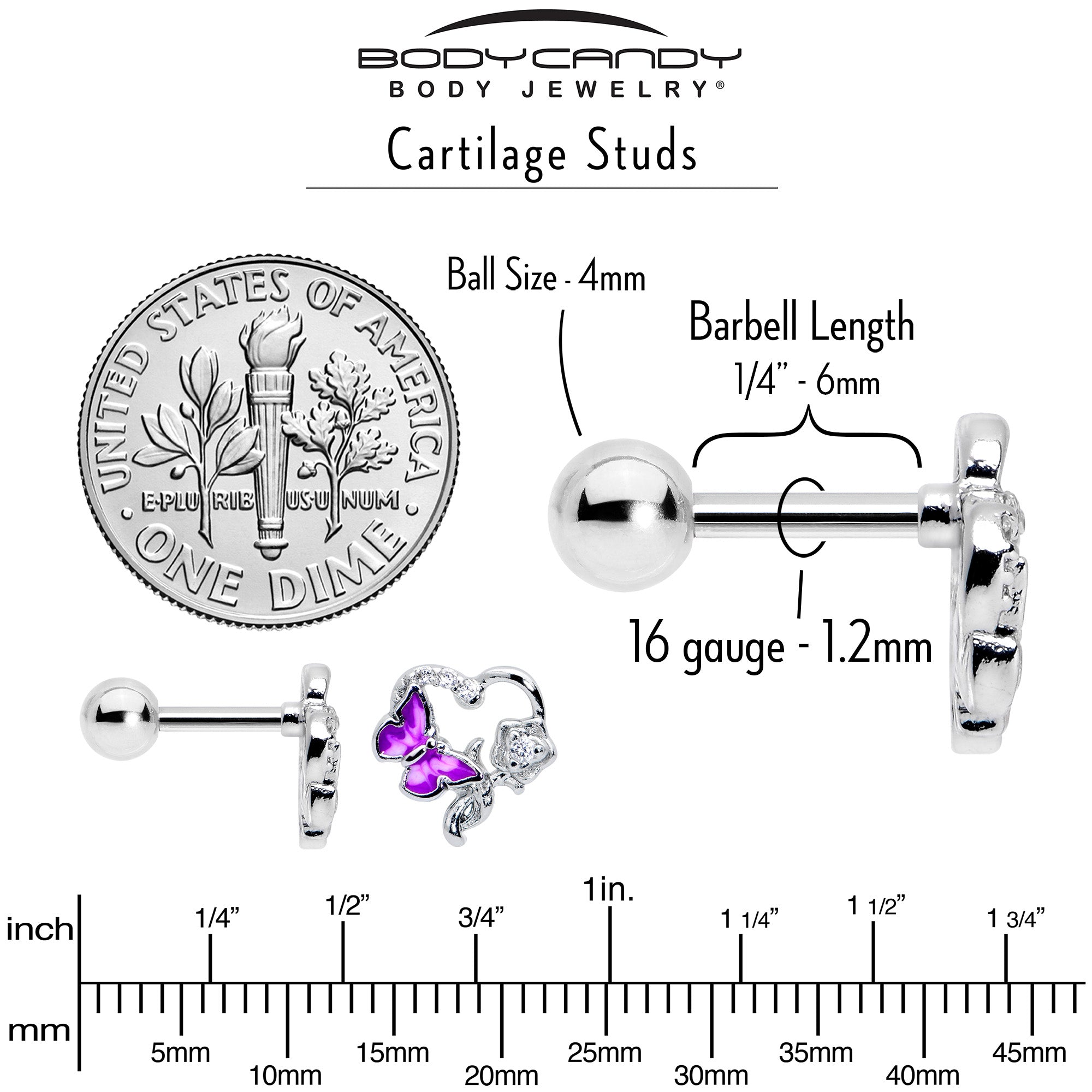 16G 1/4 Clear CZ Gem Butterfly Flower Purple Cartilage Earring