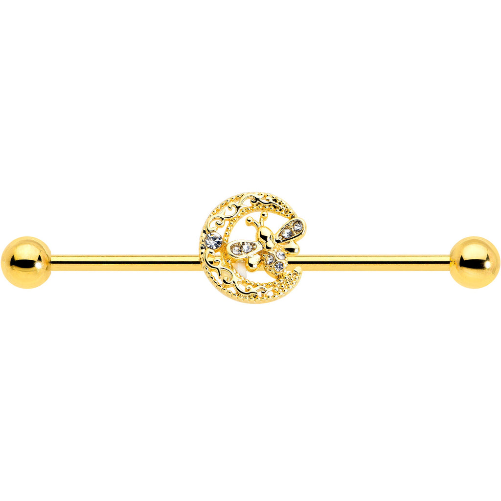 14G Clear Gem Gold Tone Lunar Dragonfly Industrial Barbell 38mm